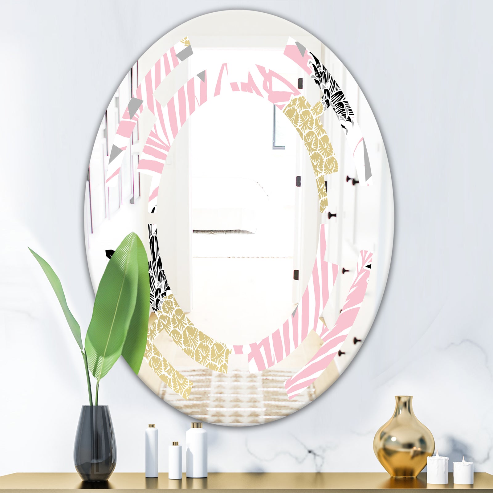 Golden Pineapple Pink Leaves - Modern Round or Oval Wall Mirror - Space