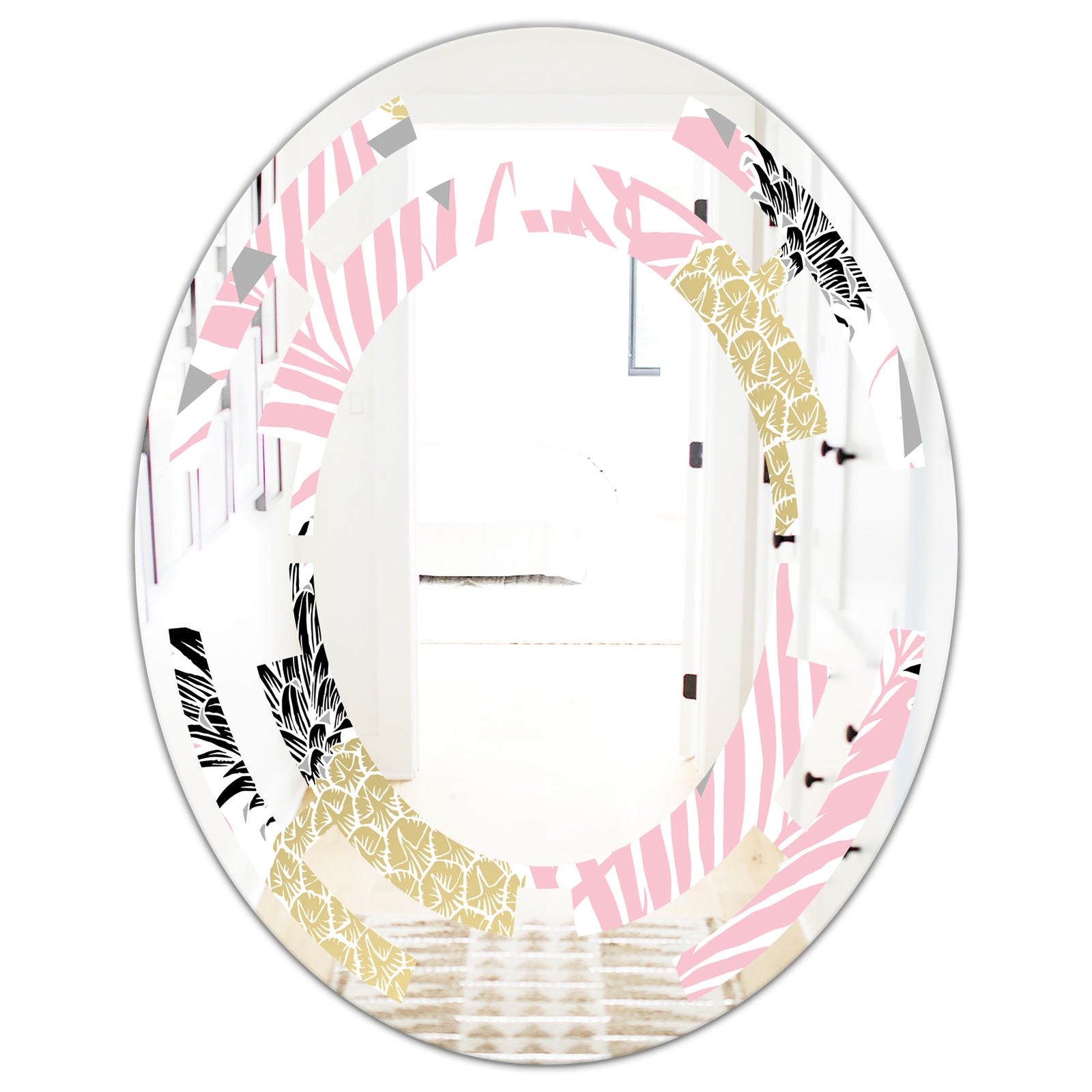 Golden Pineapple Pink Leaves - Modern Round or Oval Wall Mirror - Space