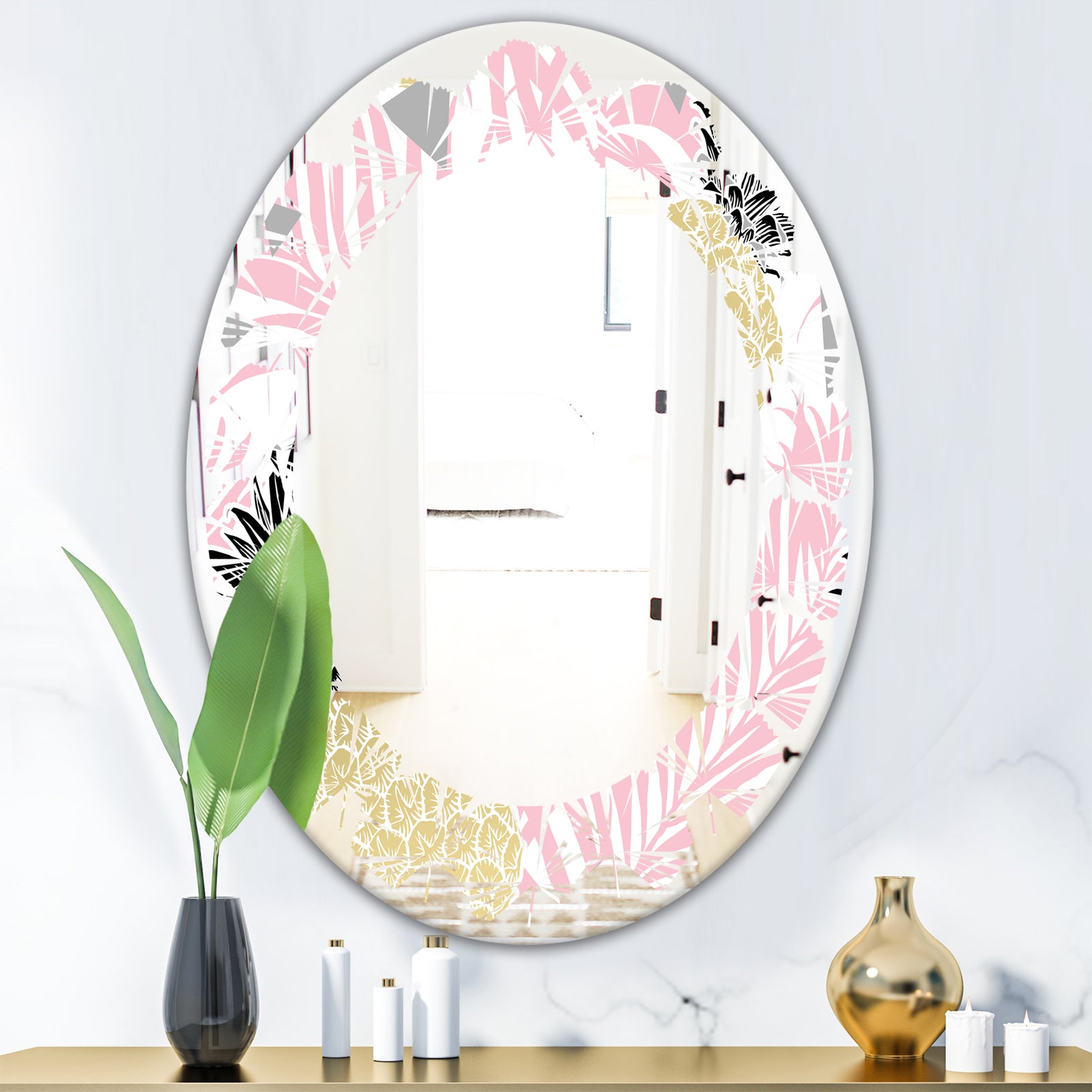 Golden Pineapple Pink Leaves - Modern Round or Oval Wall Mirror - Leaves