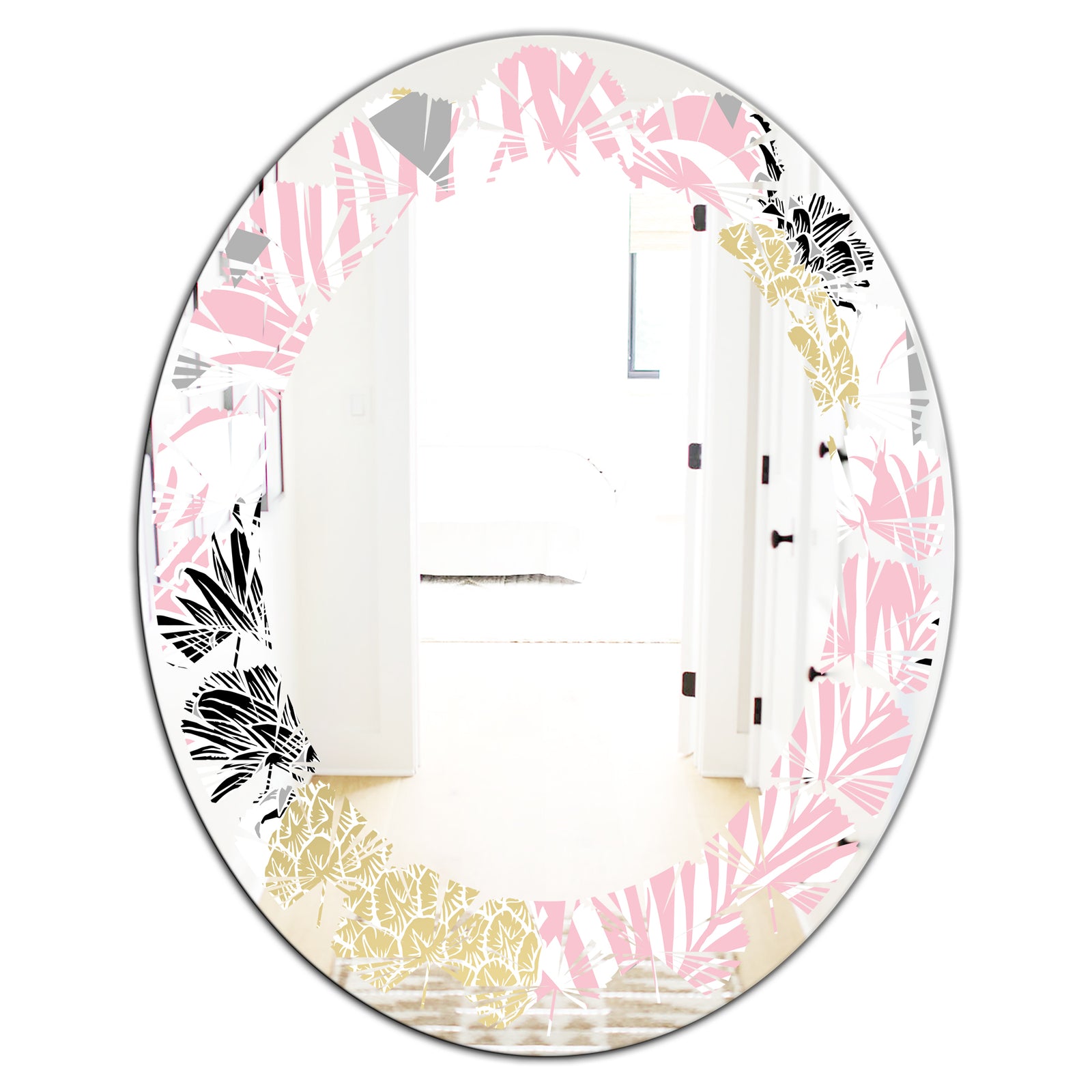 Golden Pineapple Pink Leaves - Modern Round or Oval Wall Mirror - Leaves