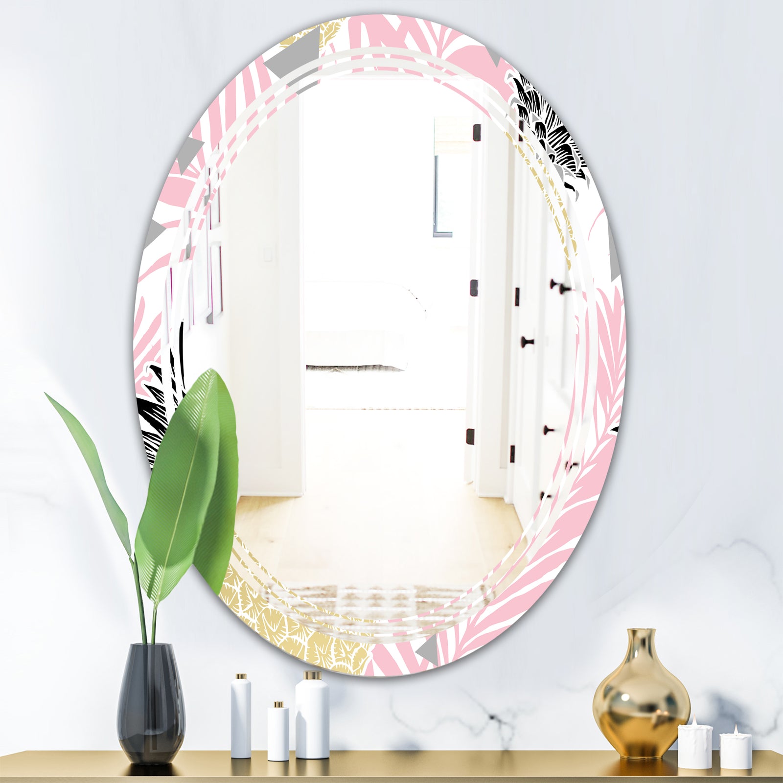 Golden Pineapple Pink Leaves - Modern Round or Oval Wall Mirror - Triple C