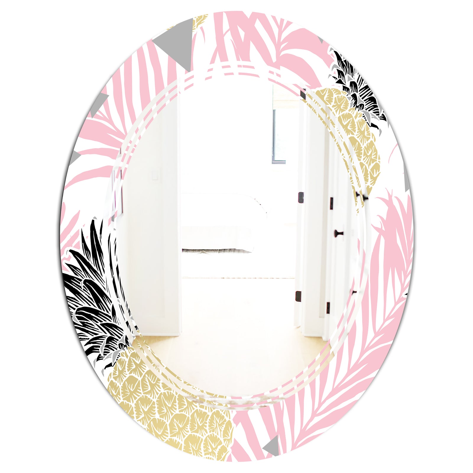 Golden Pineapple Pink Leaves - Modern Round or Oval Wall Mirror - Triple C