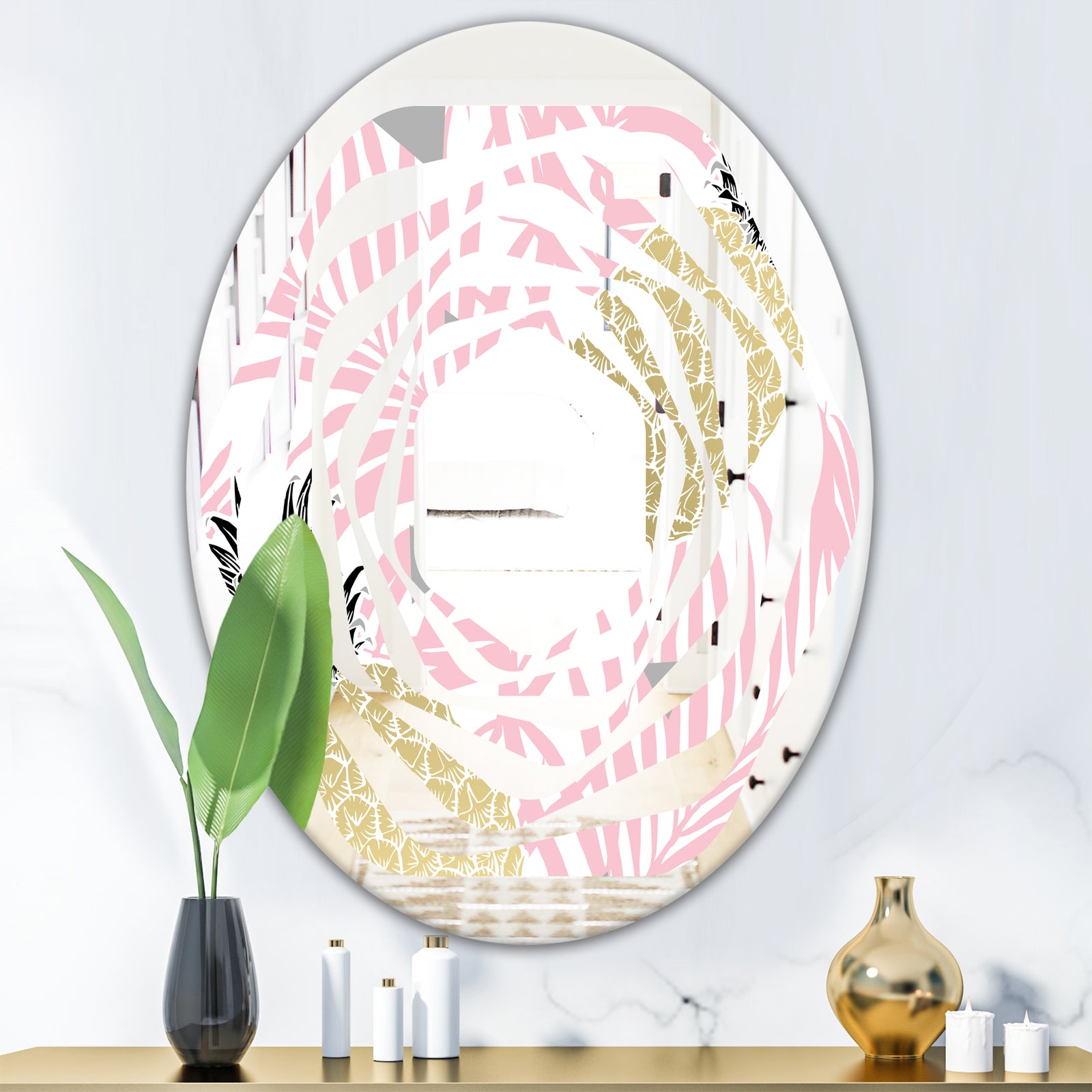 Golden Pineapple Pink Leaves - Modern Round or Oval Wall Mirror - Whirl