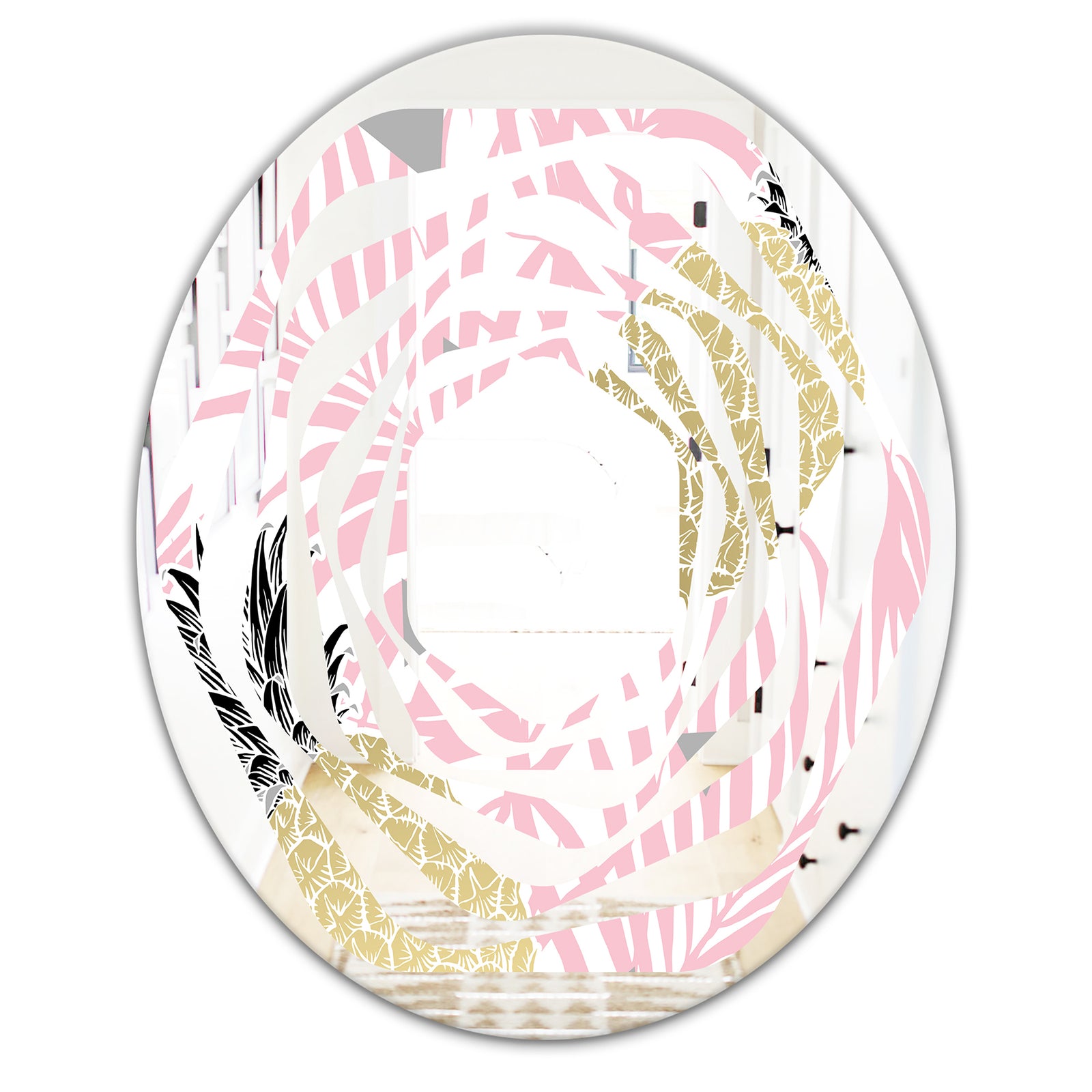 Golden Pineapple Pink Leaves - Modern Round or Oval Wall Mirror - Whirl
