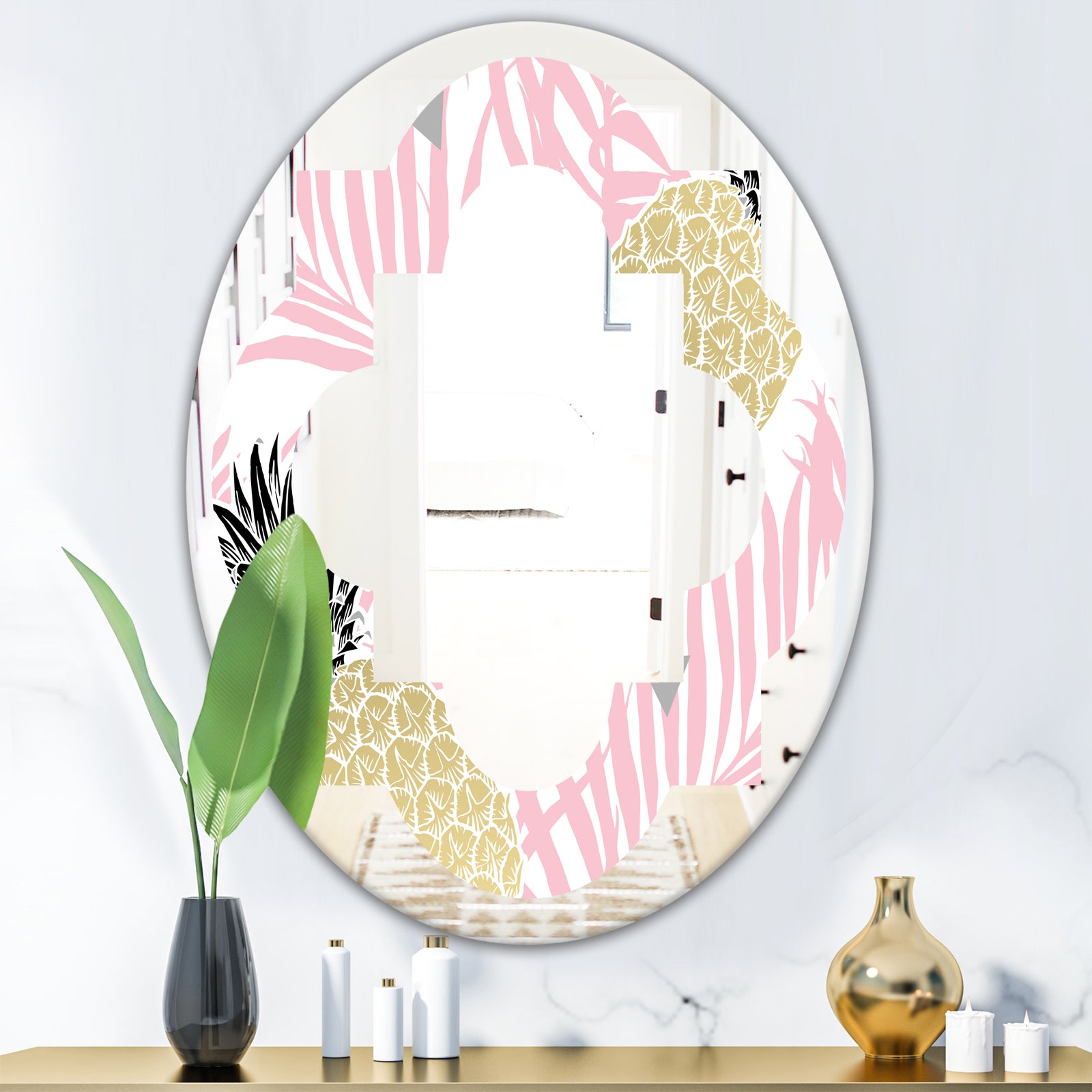 Golden Pineapple Pink Leaves - Modern Round or Oval Wall Mirror - Quatrefoil