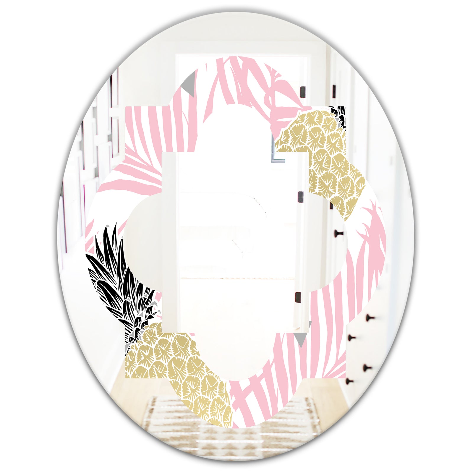 Golden Pineapple Pink Leaves - Modern Round or Oval Wall Mirror - Quatrefoil