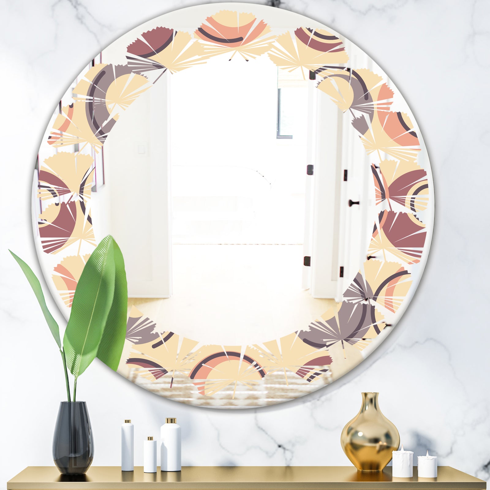 Retro Geometric Pattern - Modern Round or Oval Wall Mirror - Leaves