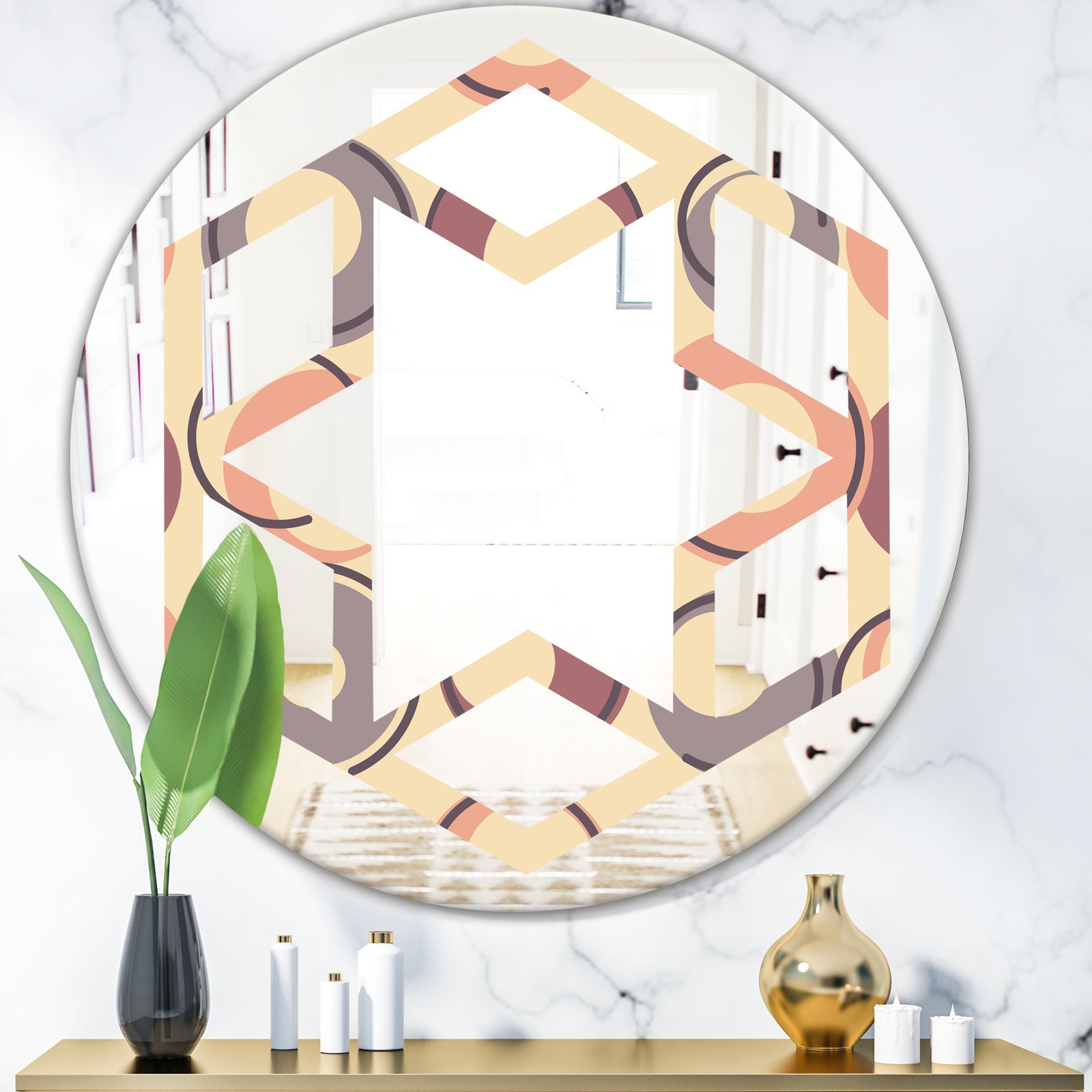 Retro Geometric Pattern - Modern Round or Oval Wall Mirror - Hexagon Star