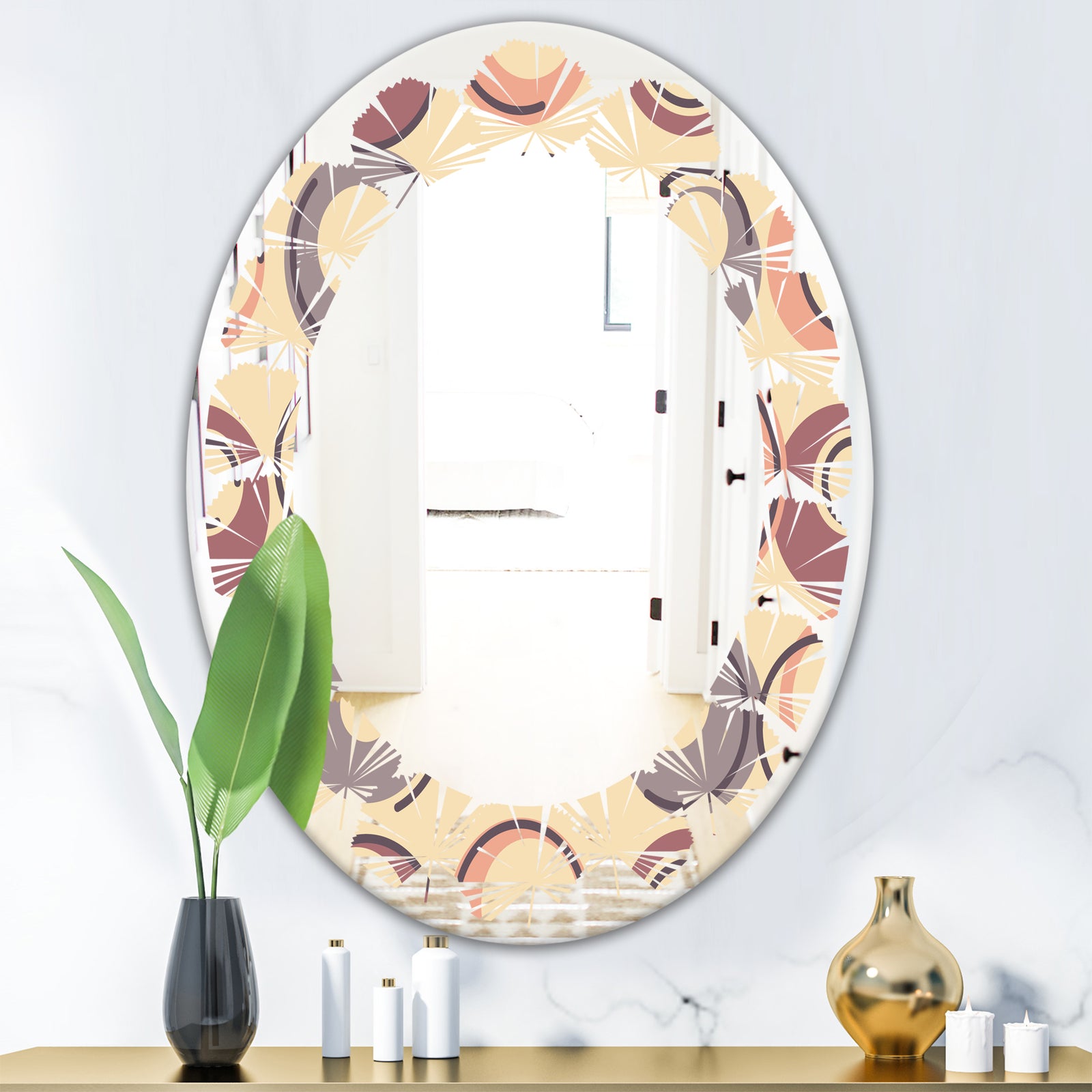 Retro Geometric Pattern - Modern Round or Oval Wall Mirror - Leaves