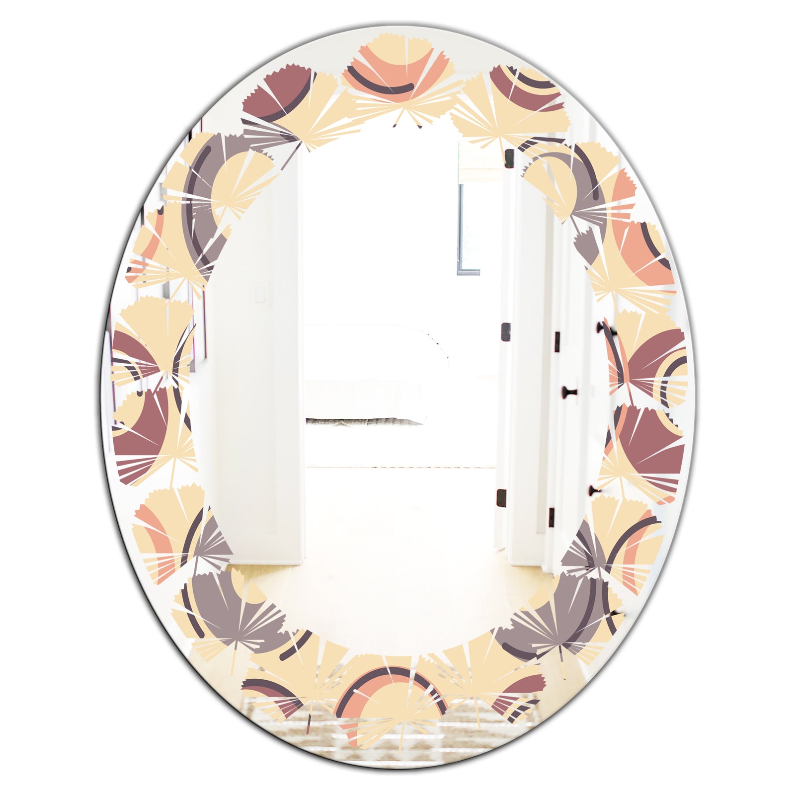 Retro Geometric Pattern - Modern Round or Oval Wall Mirror - Leaves