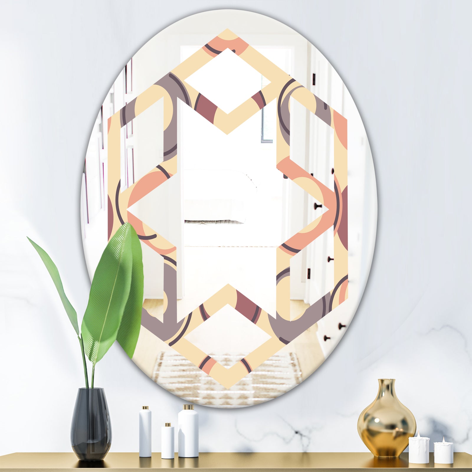 Retro Geometric Pattern - Modern Round or Oval Wall Mirror - Hexagon Star