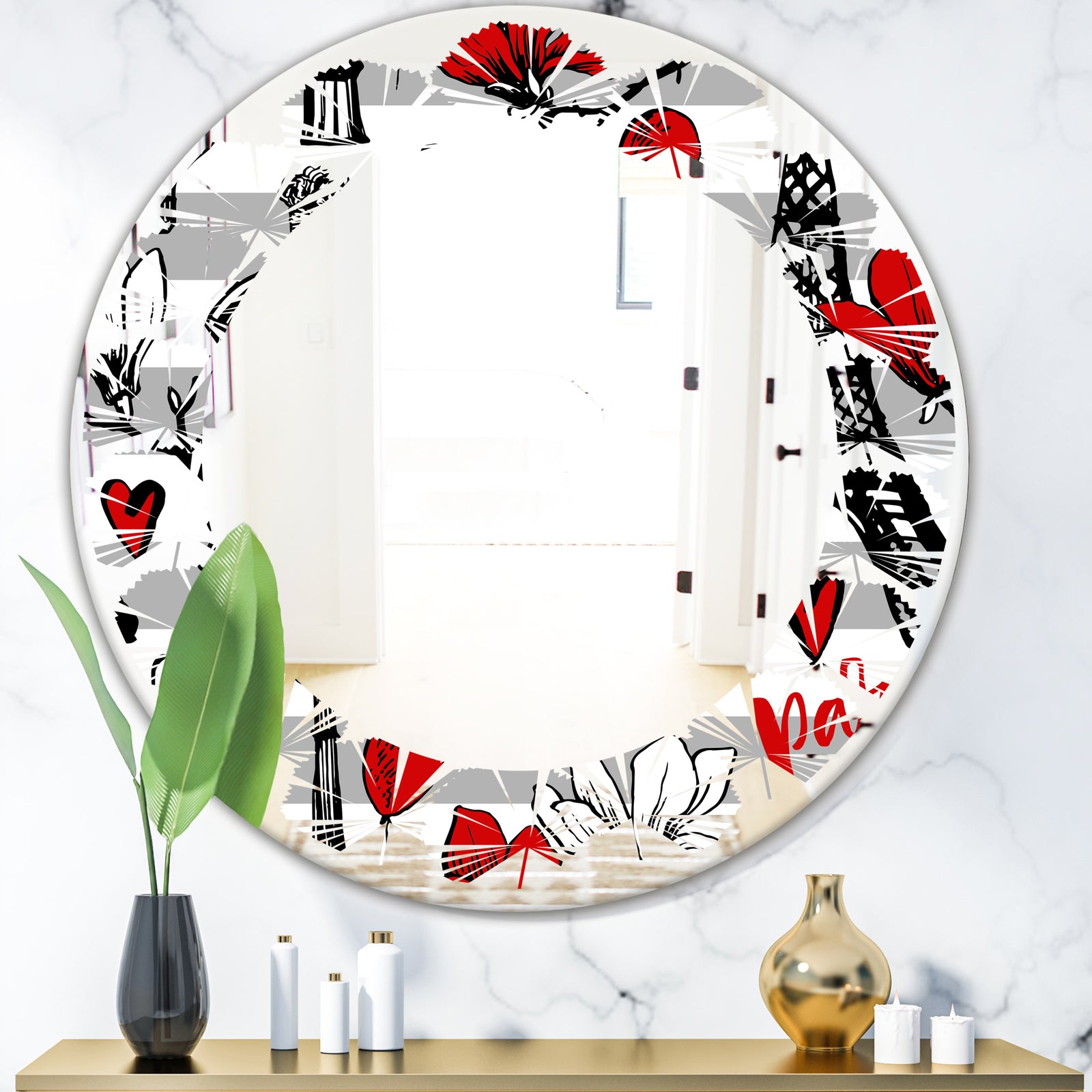 Paris Eiffel Red Hearts II - Cottage Round or Oval Wall Mirror - Leaves