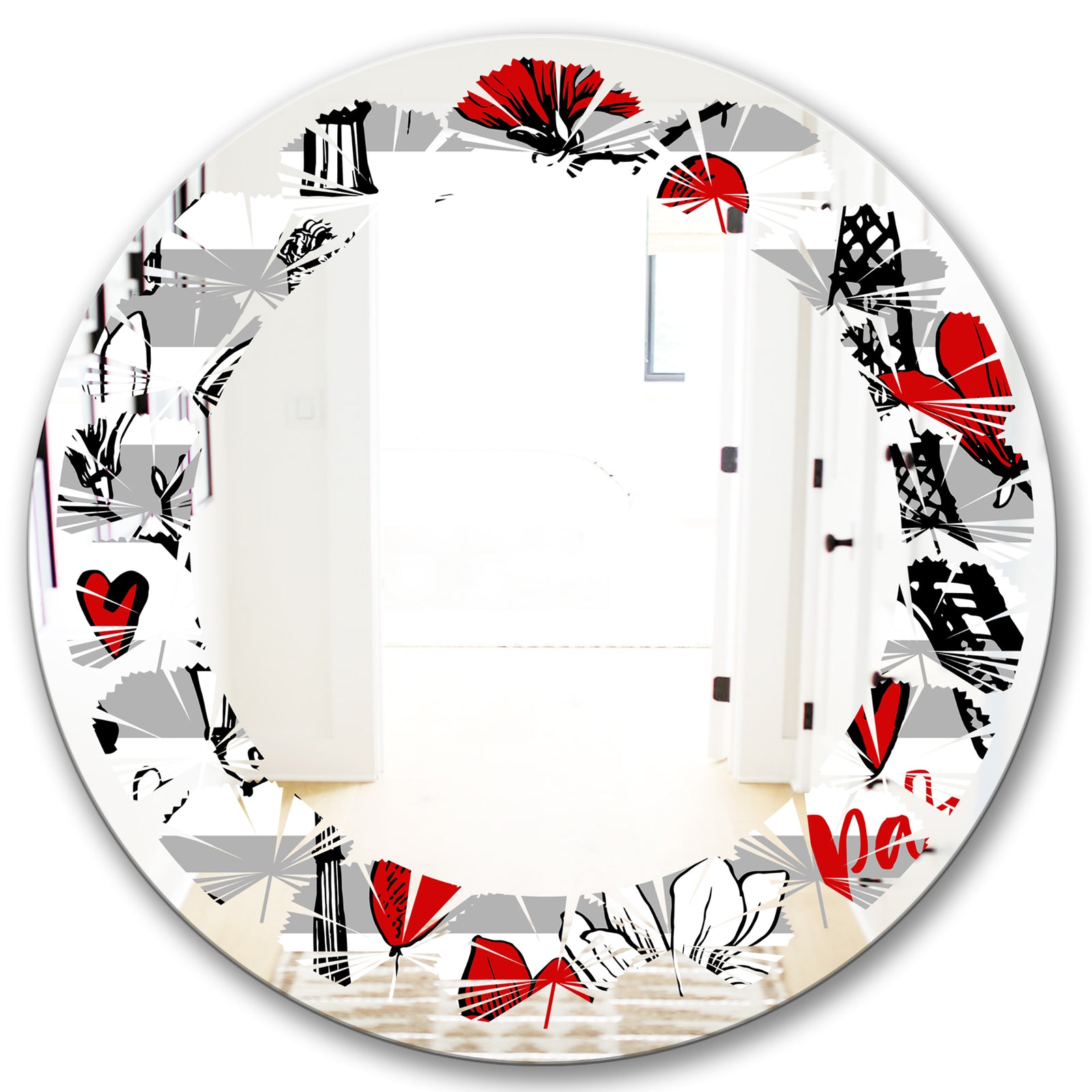 Paris Eiffel Red Hearts II - Cottage Round or Oval Wall Mirror - Leaves