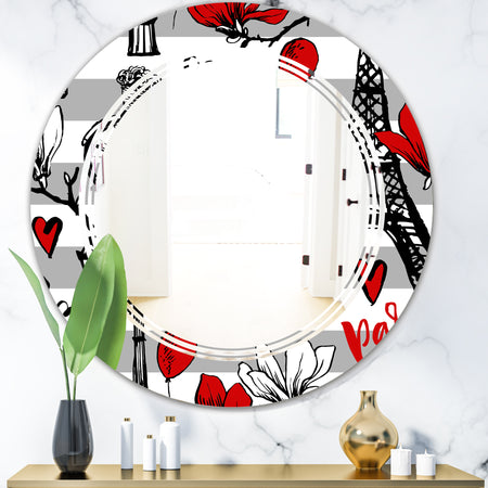 Paris Eiffel Red Hearts II - Cottage Round or Oval Wall Mirror - Triple C