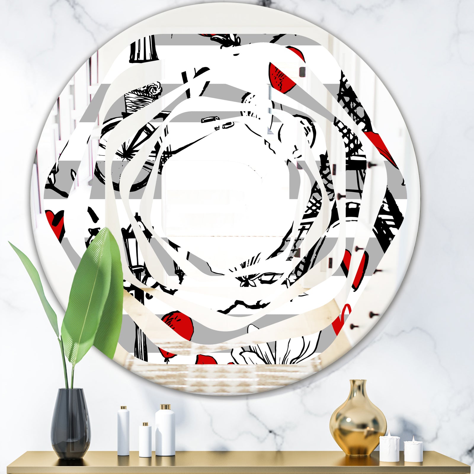 Paris Eiffel Red Hearts II - Cottage Round or Oval Wall Mirror - Whirl