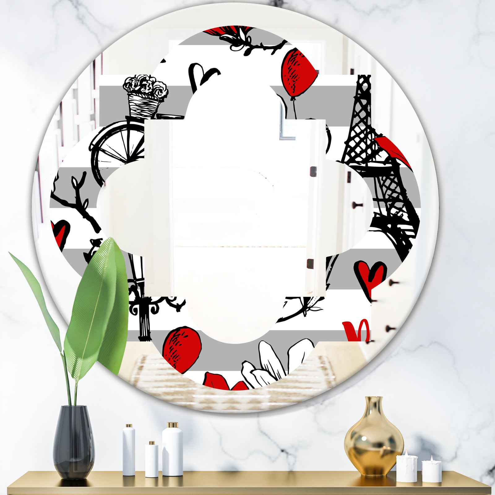 Paris Eiffel Red Hearts II - Cottage Round or Oval Wall Mirror - Quatrefoil