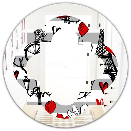 Paris Eiffel Red Hearts II - Cottage Round or Oval Wall Mirror - Quatrefoil