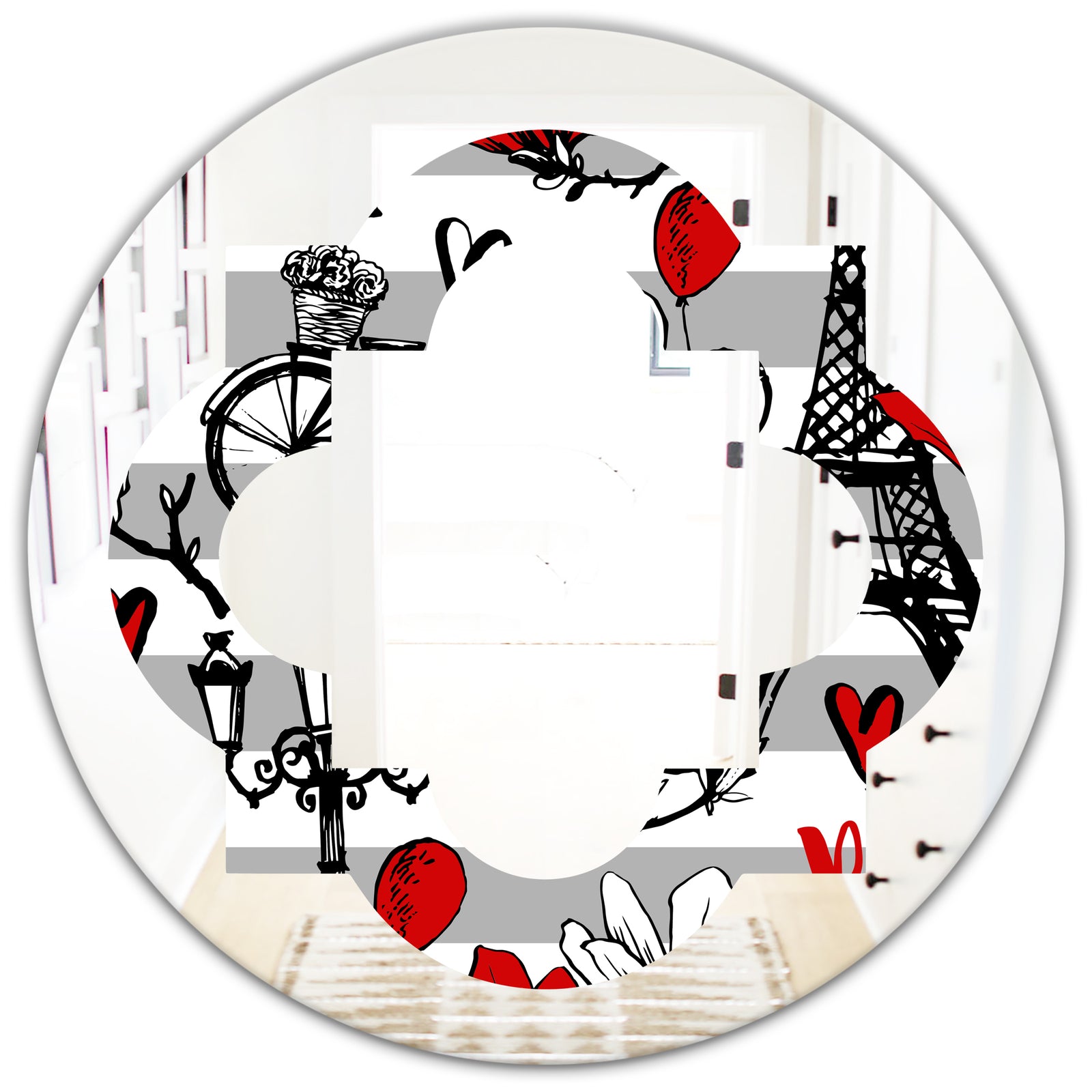 Paris Eiffel Red Hearts II - Cottage Round or Oval Wall Mirror - Quatrefoil