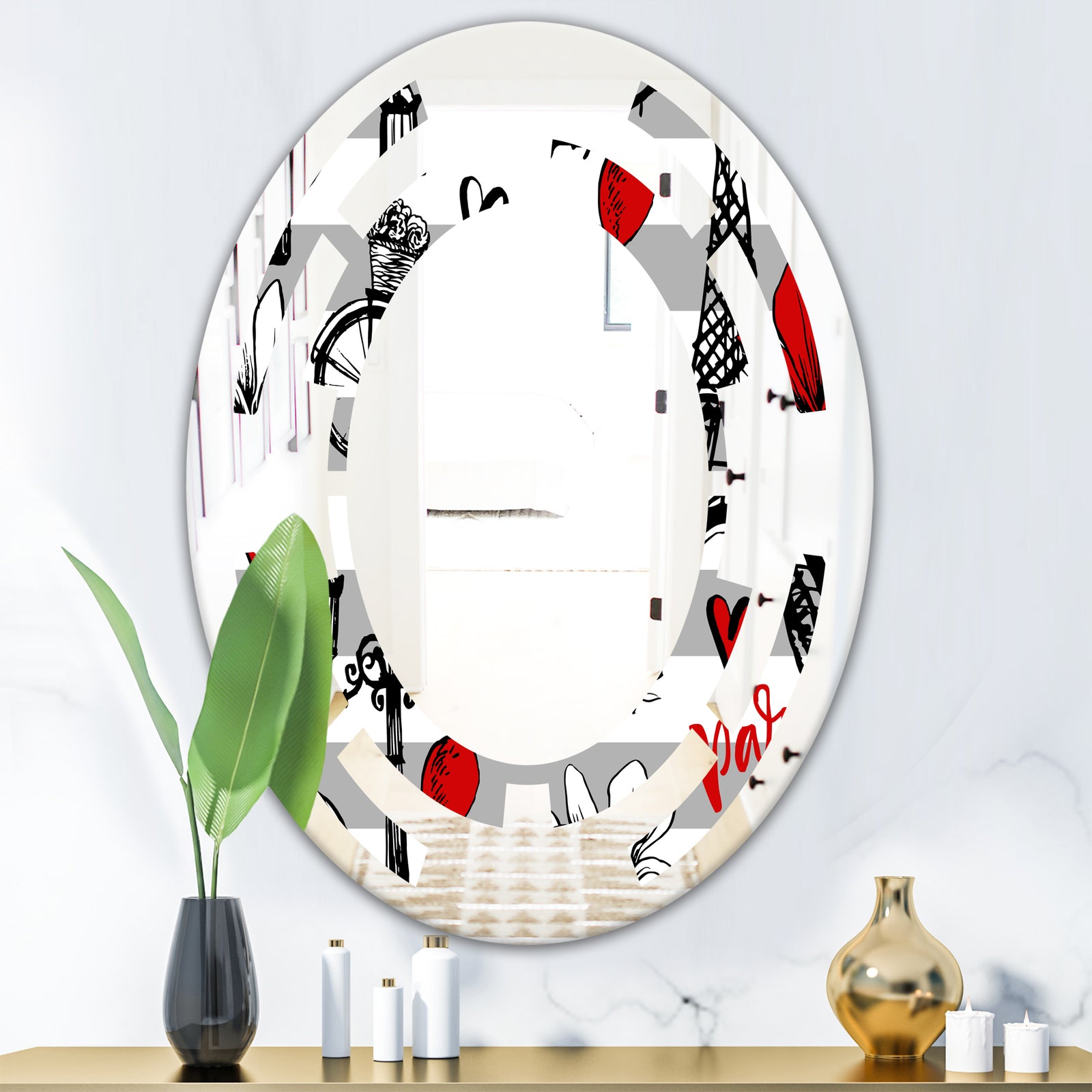 Paris Eiffel Red Hearts II - Cottage Round or Oval Wall Mirror - Space