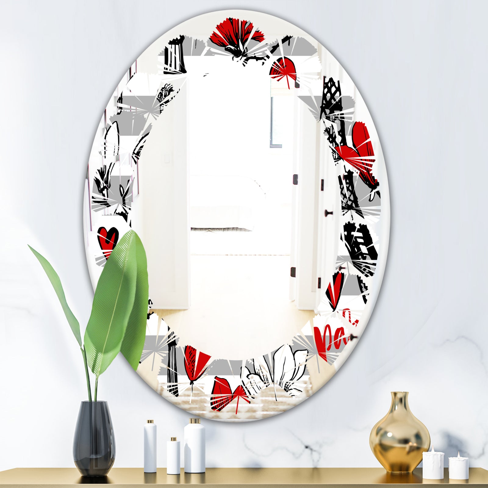 Paris Eiffel Red Hearts II - Cottage Round or Oval Wall Mirror - Leaves