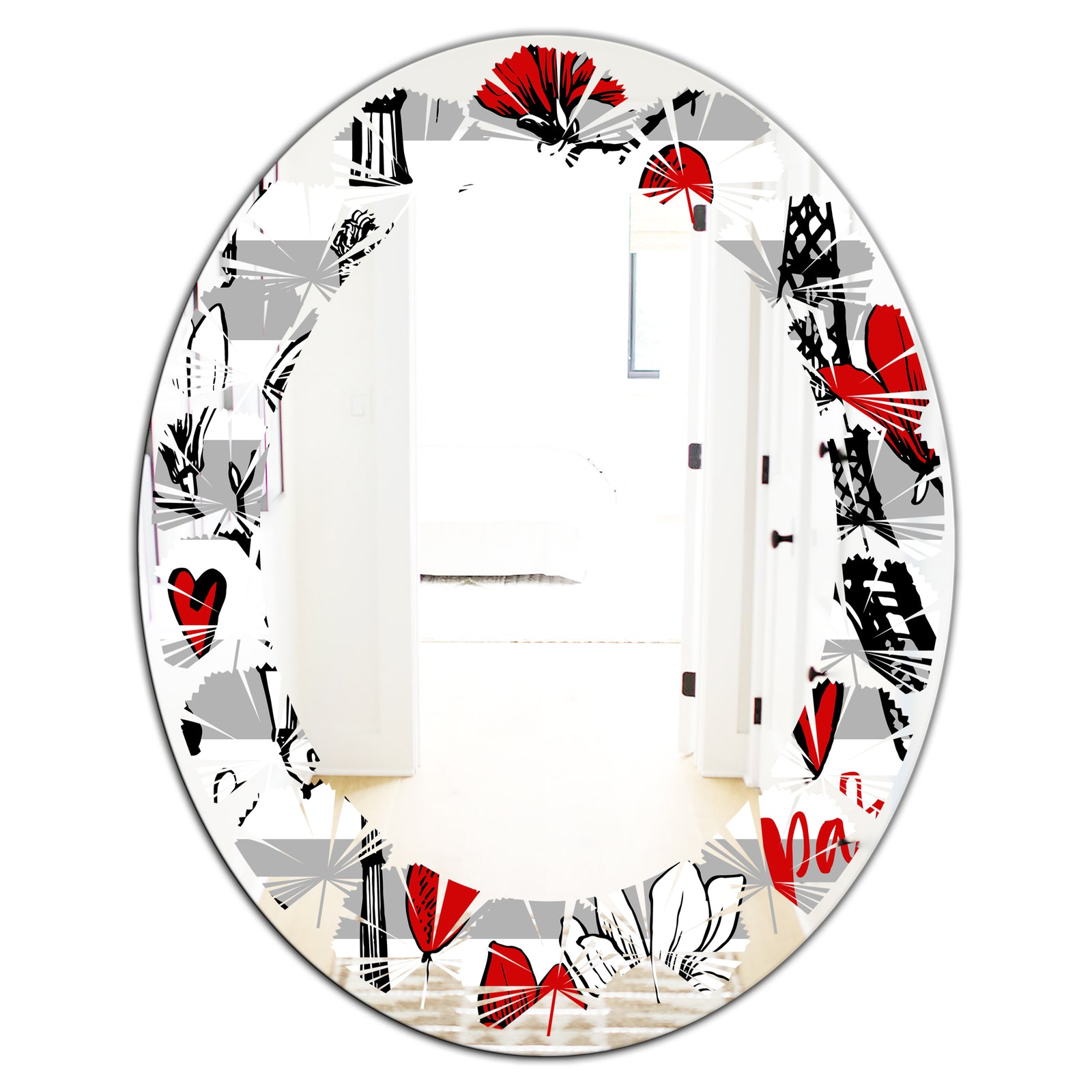 Paris Eiffel Red Hearts II - Cottage Round or Oval Wall Mirror - Leaves