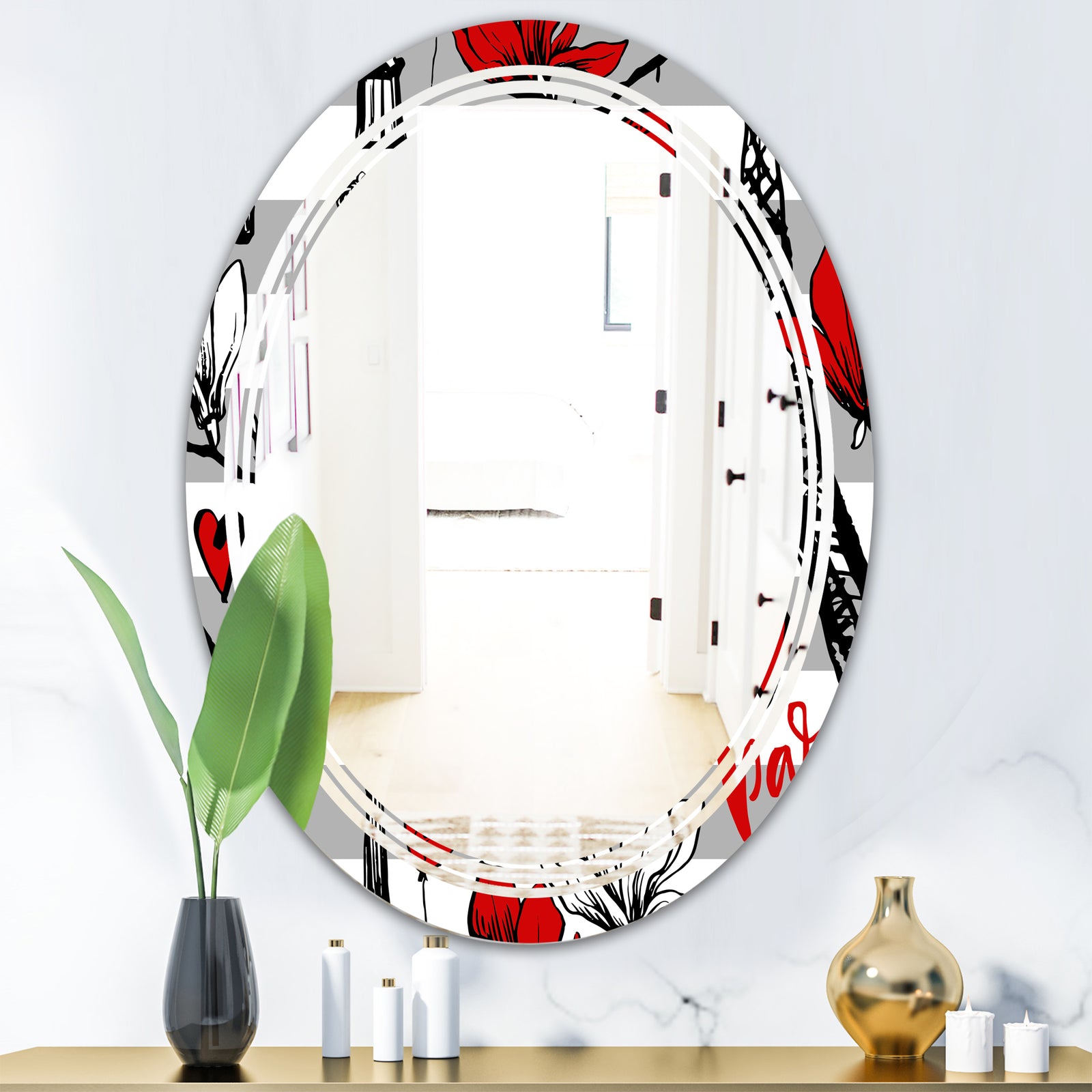 Paris Eiffel Red Hearts II - Cottage Round or Oval Wall Mirror - Triple C