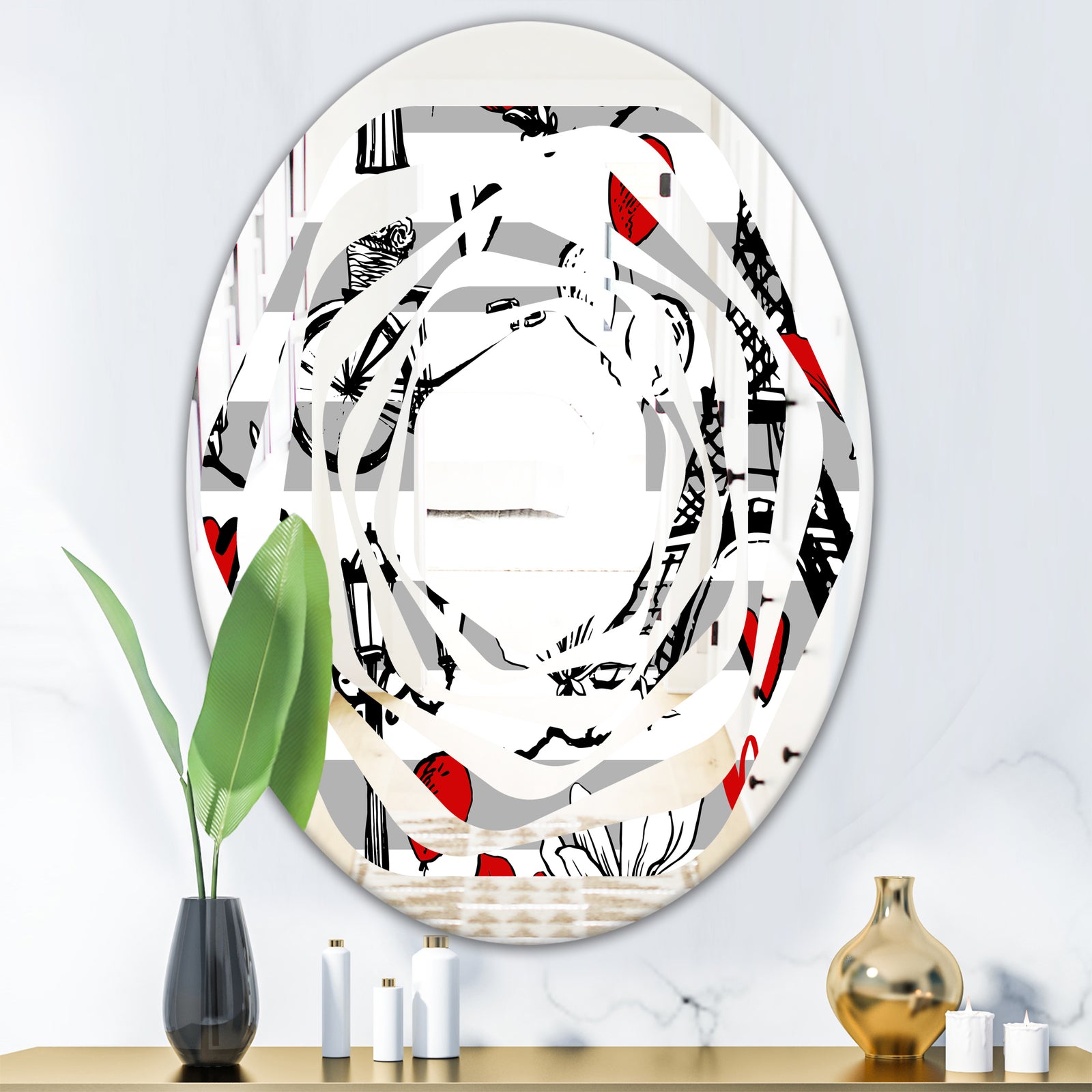 Paris Eiffel Red Hearts II - Cottage Round or Oval Wall Mirror - Whirl