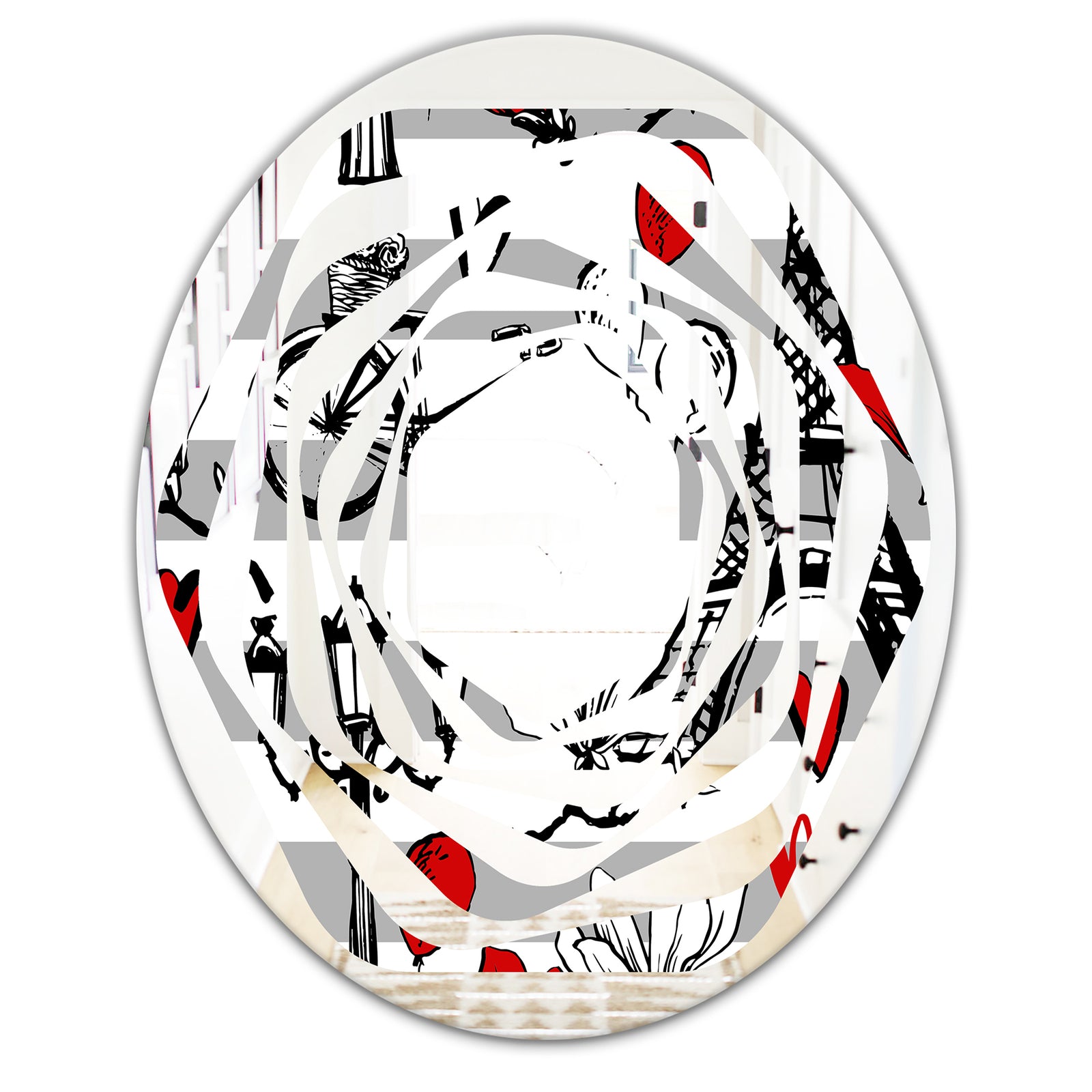 Paris Eiffel Red Hearts II - Cottage Round or Oval Wall Mirror - Whirl