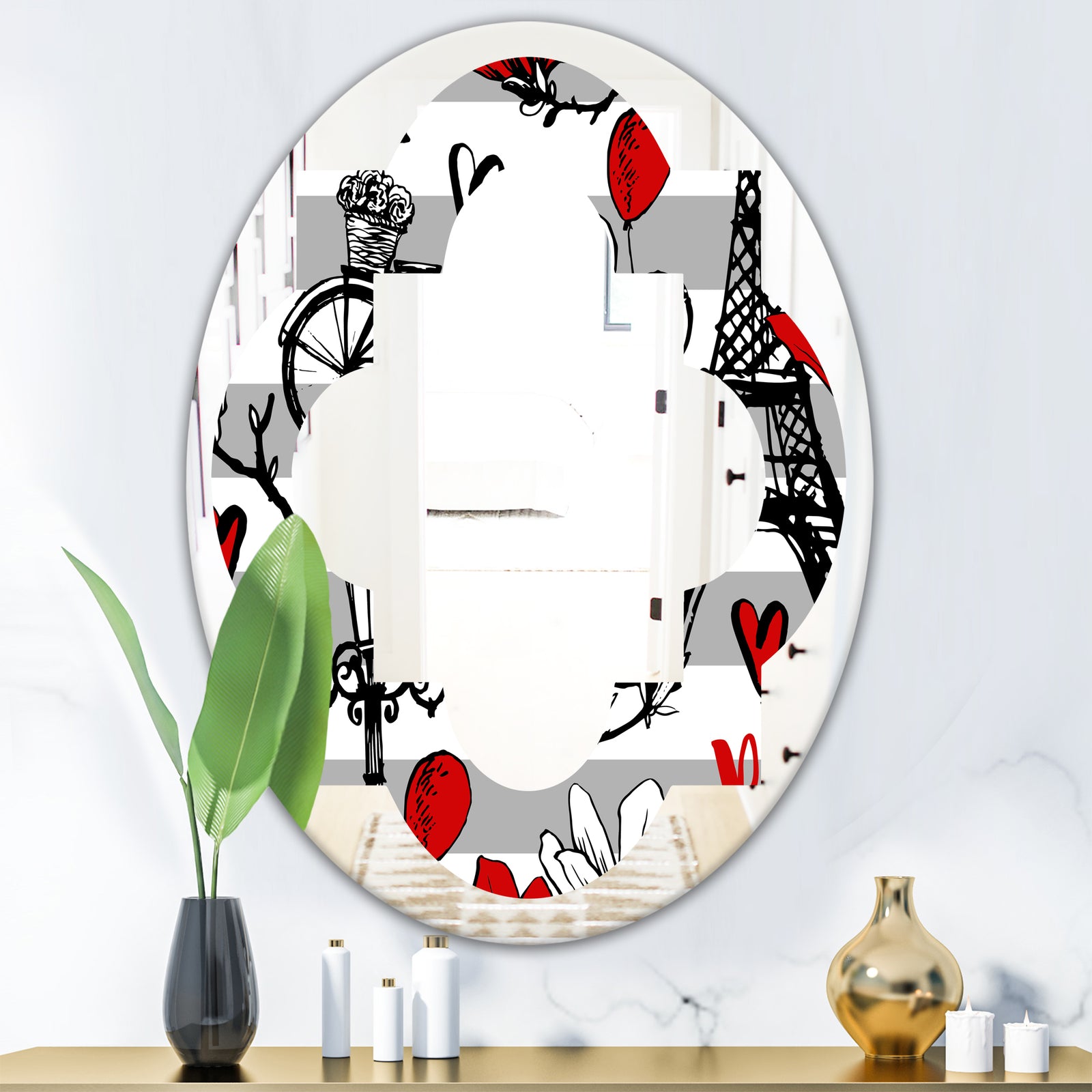 Paris Eiffel Red Hearts II - Cottage Round or Oval Wall Mirror - Quatrefoil