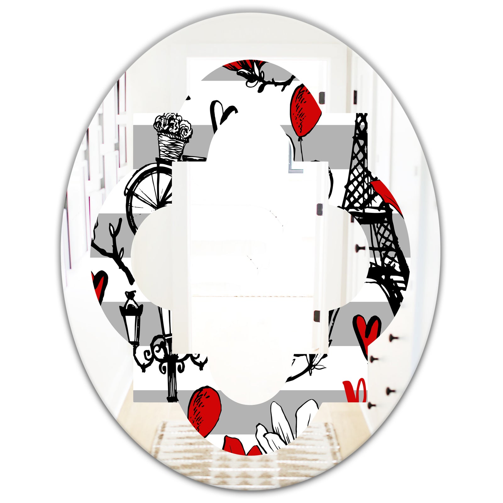 Paris Eiffel Red Hearts II - Cottage Round or Oval Wall Mirror - Quatrefoil