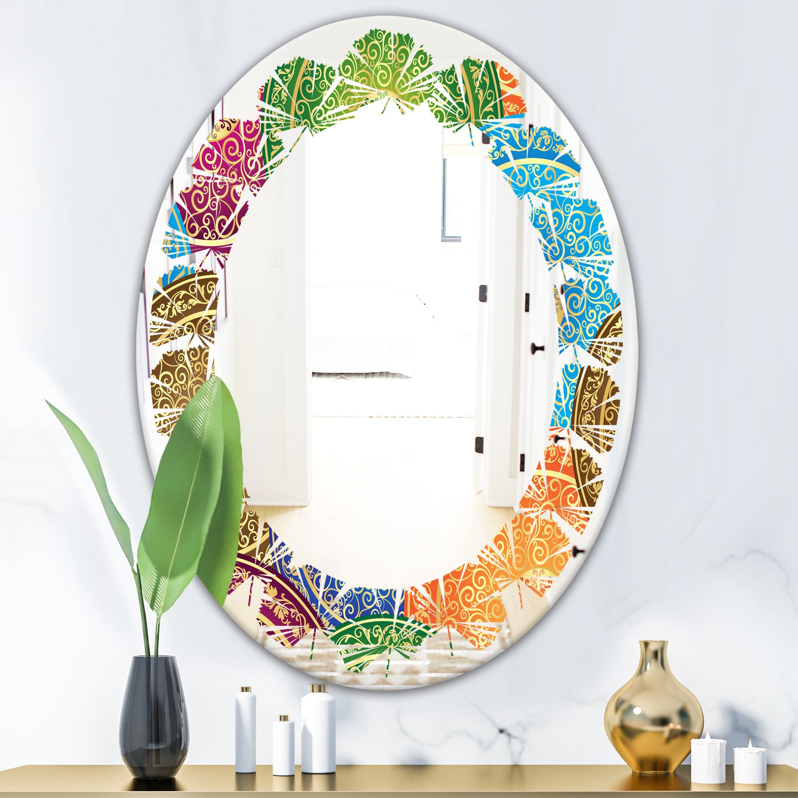 Circular Retro Design IV - Modern Round or Oval Wall Mirror - Leaves