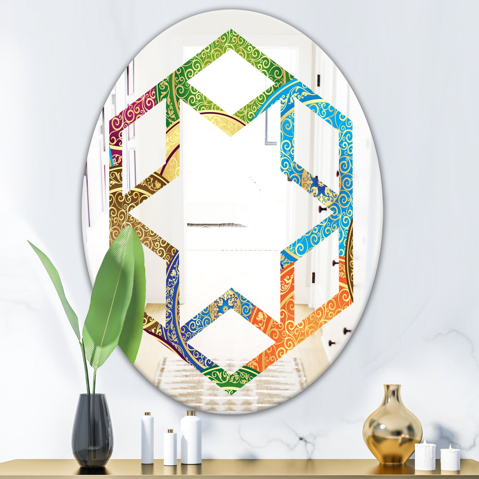 Circular Retro Design IV - Modern Round or Oval Wall Mirror - Hexagon Star