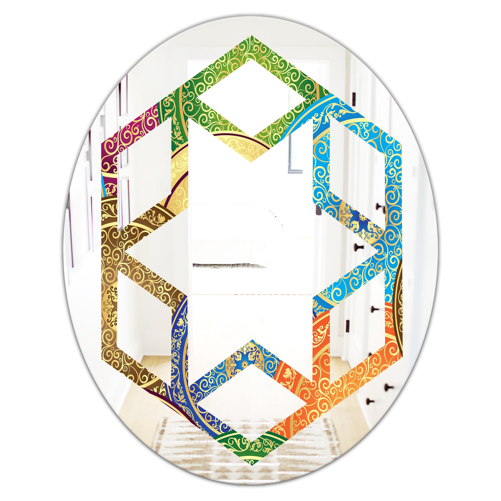 Circular Retro Design IV - Modern Round or Oval Wall Mirror - Hexagon Star