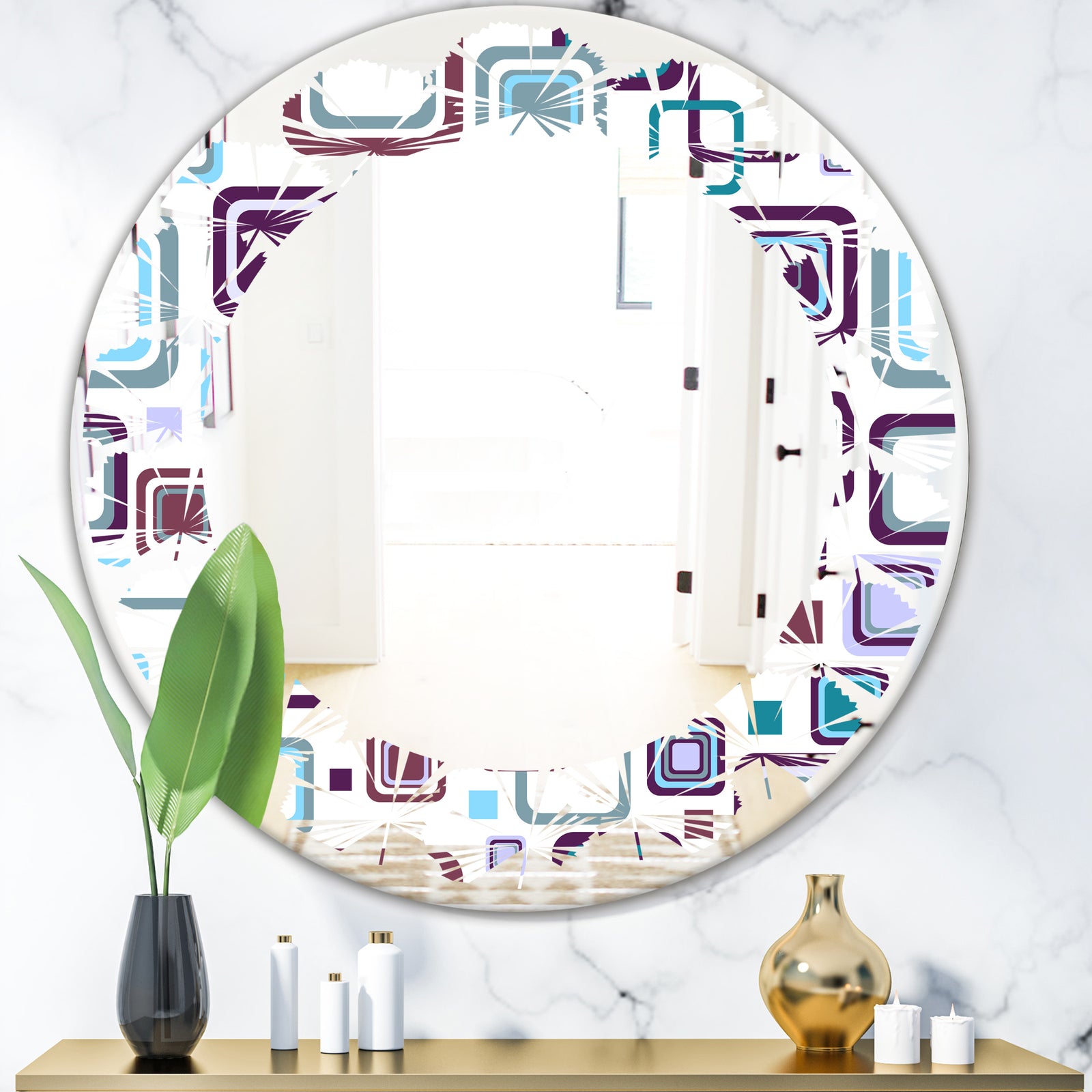 Retro Square Design I - Modern Round or Oval Wall Mirror - Leaves