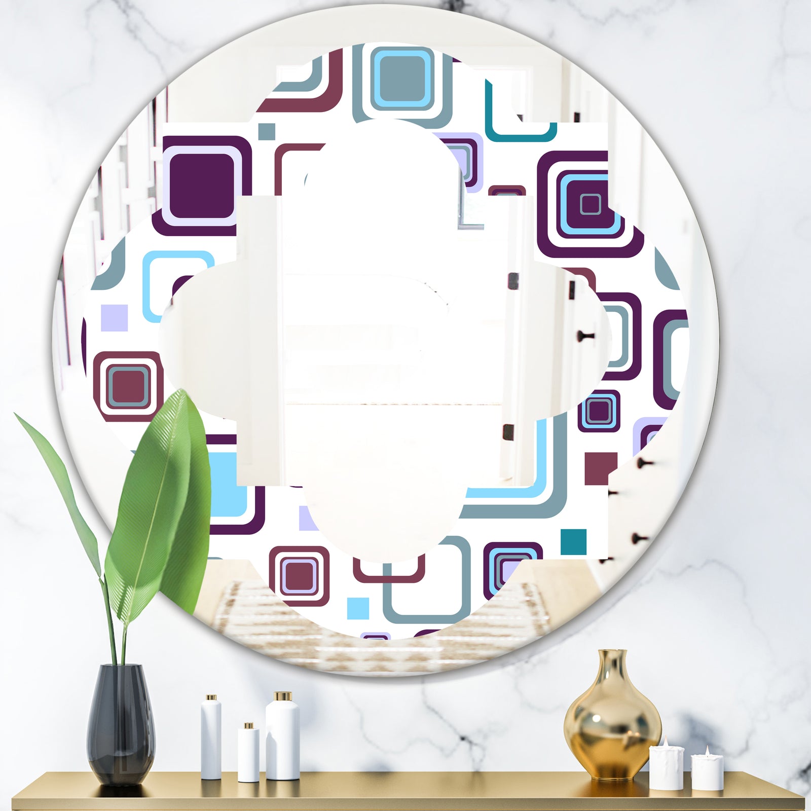 Retro Square Design I - Modern Round or Oval Wall Mirror - Quatrefoil