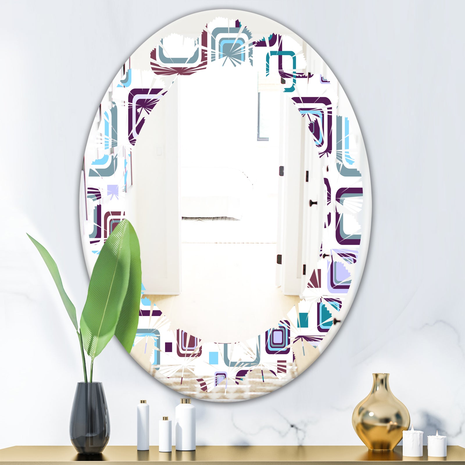 Retro Square Design I - Modern Round or Oval Wall Mirror - Leaves