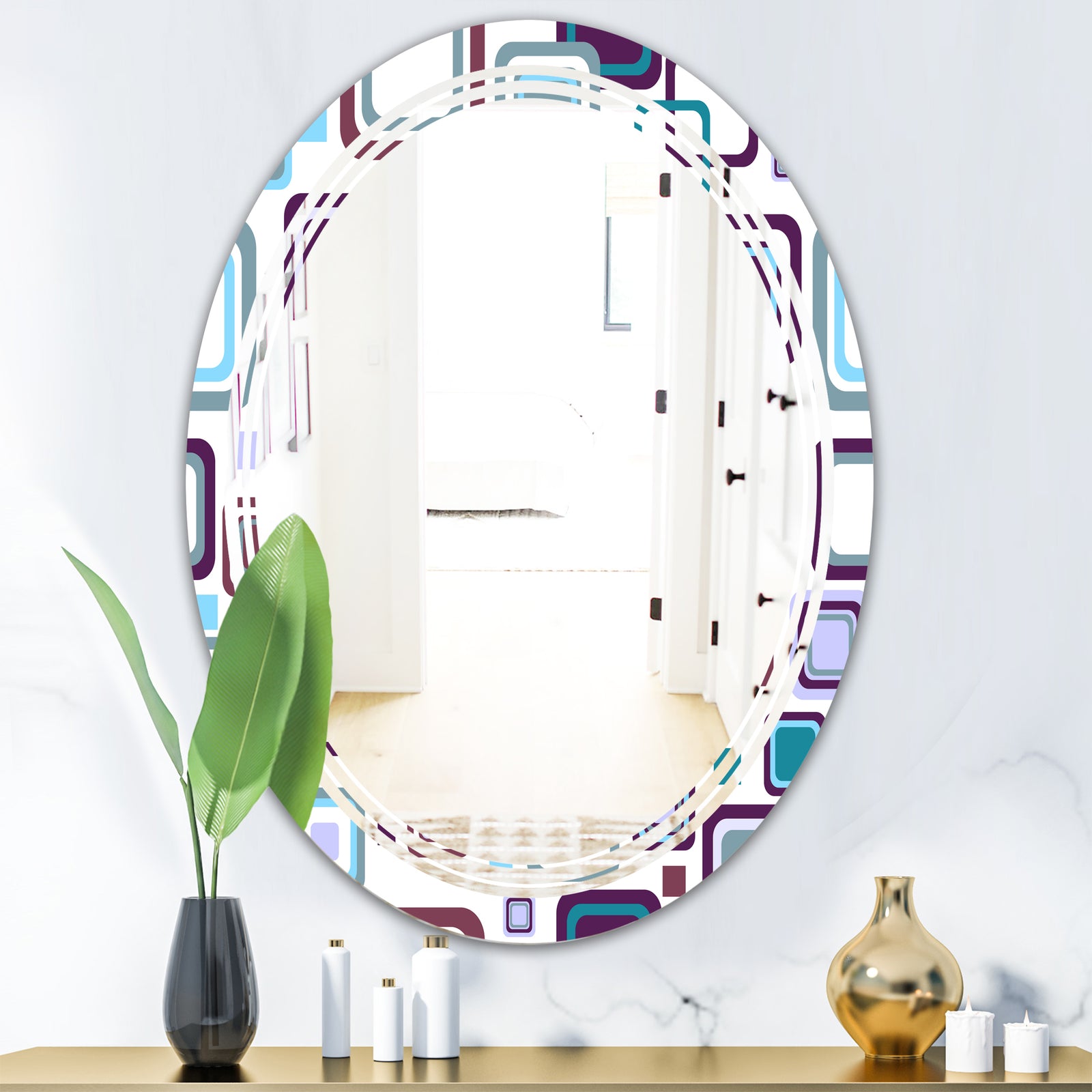 Retro Square Design I - Modern Round or Oval Wall Mirror - Triple C