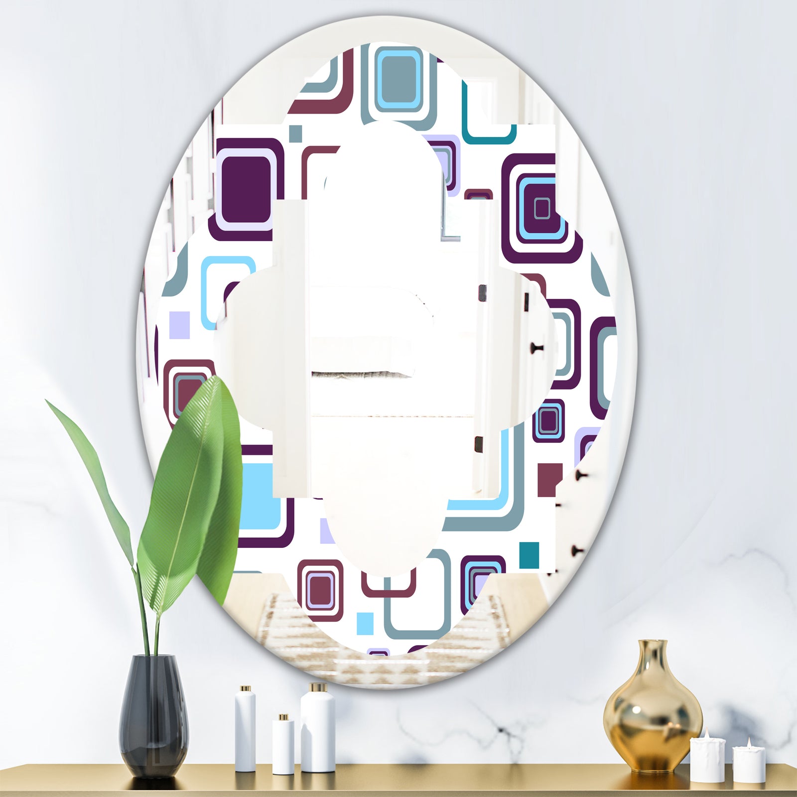 Retro Square Design I - Modern Round or Oval Wall Mirror - Quatrefoil