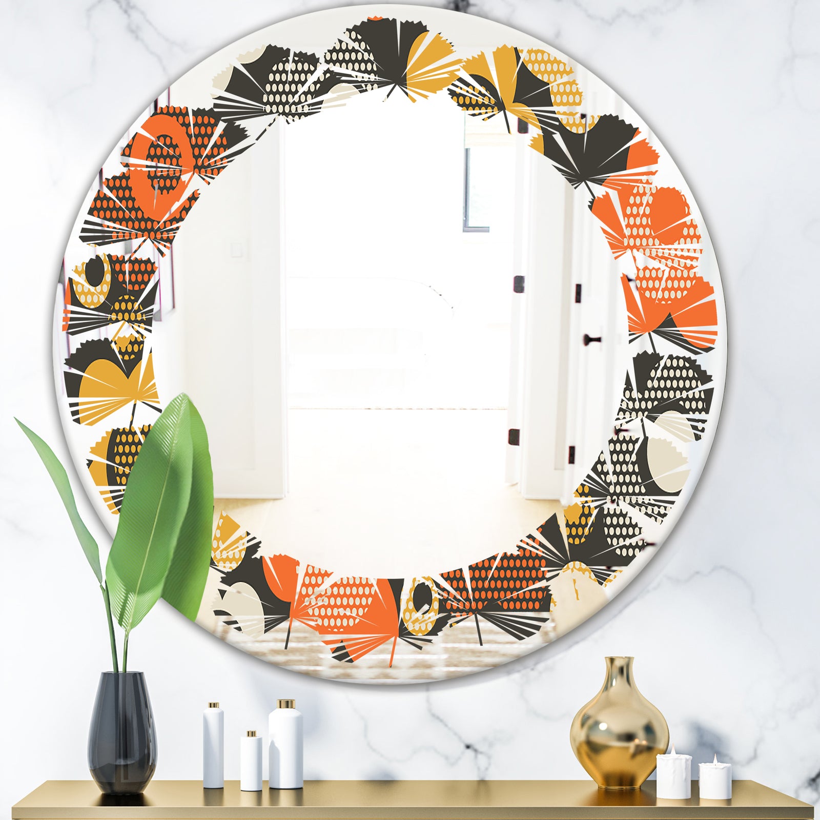 Retro Floral Pattern VII - Modern Round or Oval Wall Mirror - Leaves
