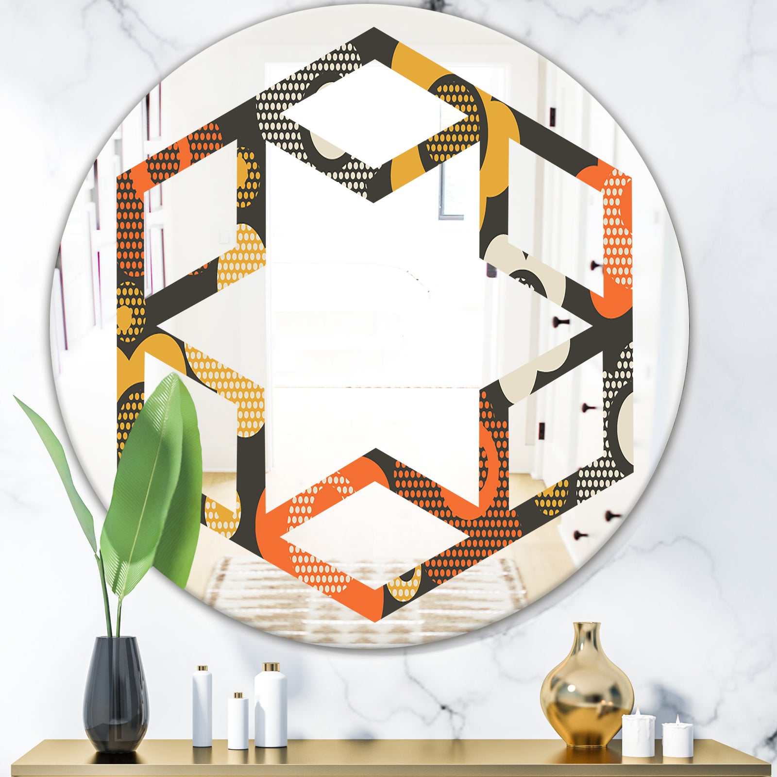 Retro Floral Pattern VII - Modern Round or Oval Wall Mirror - Hexagon Star
