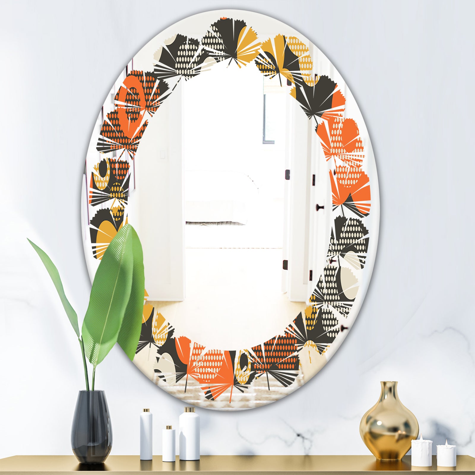 Retro Floral Pattern VII - Modern Round or Oval Wall Mirror - Leaves
