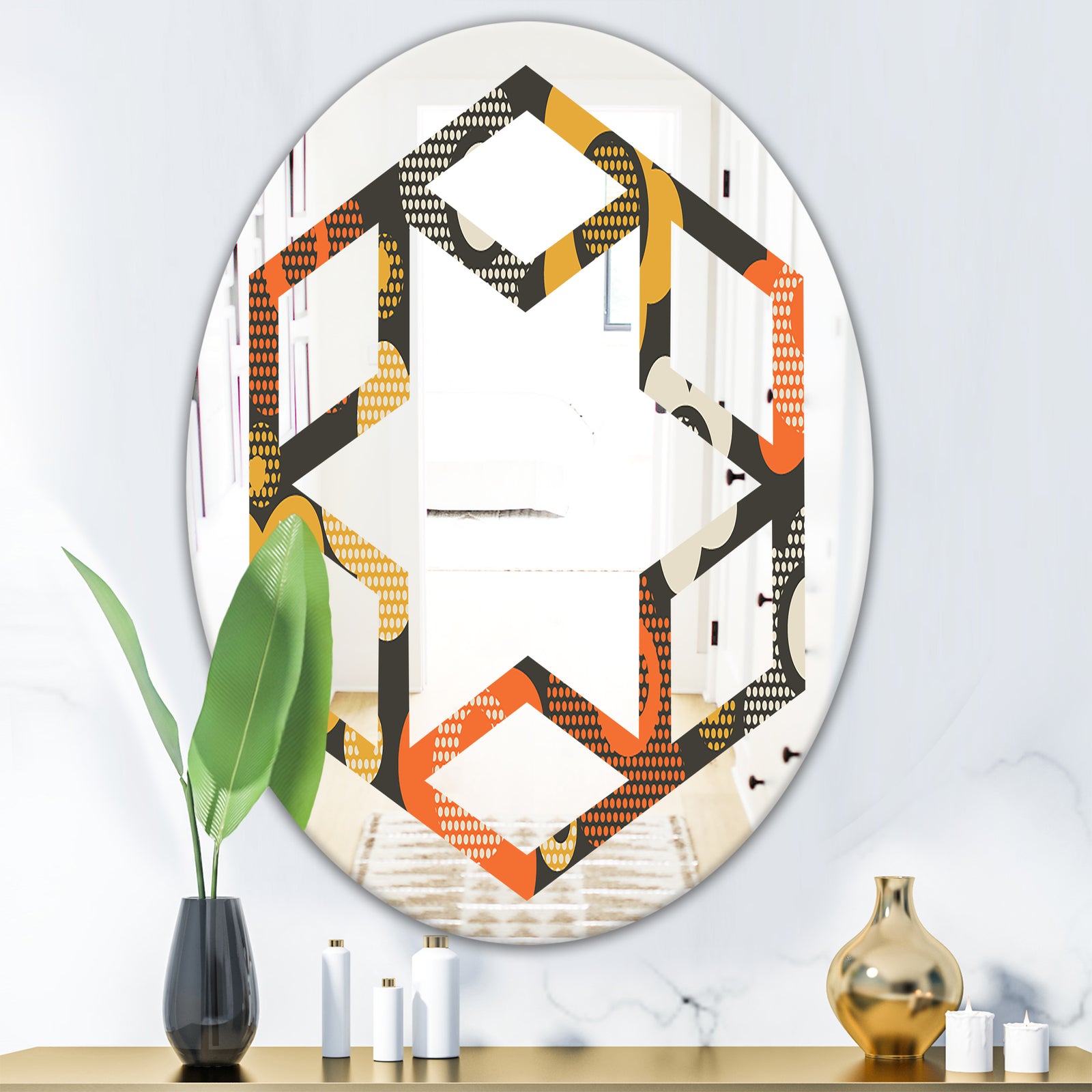 Retro Floral Pattern VII - Modern Round or Oval Wall Mirror - Hexagon Star