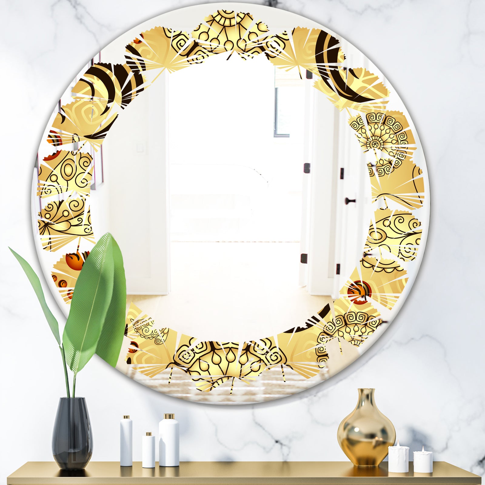 Golden Luxury Pattern I - Modern Round or Oval Wall Mirror - Leaves