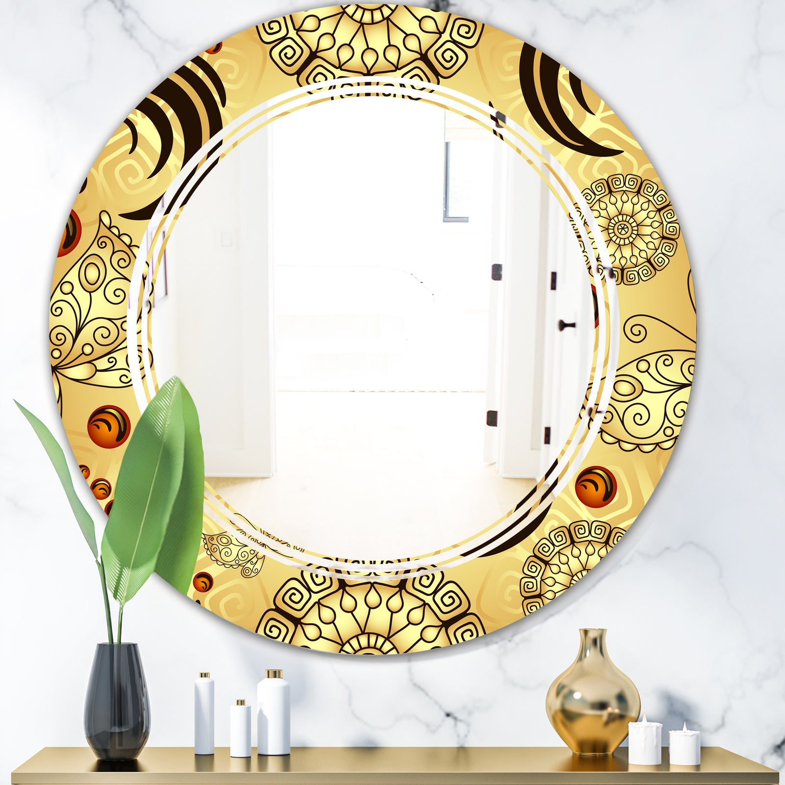 Golden Luxury Pattern I - Modern Round or Oval Wall Mirror - Triple C