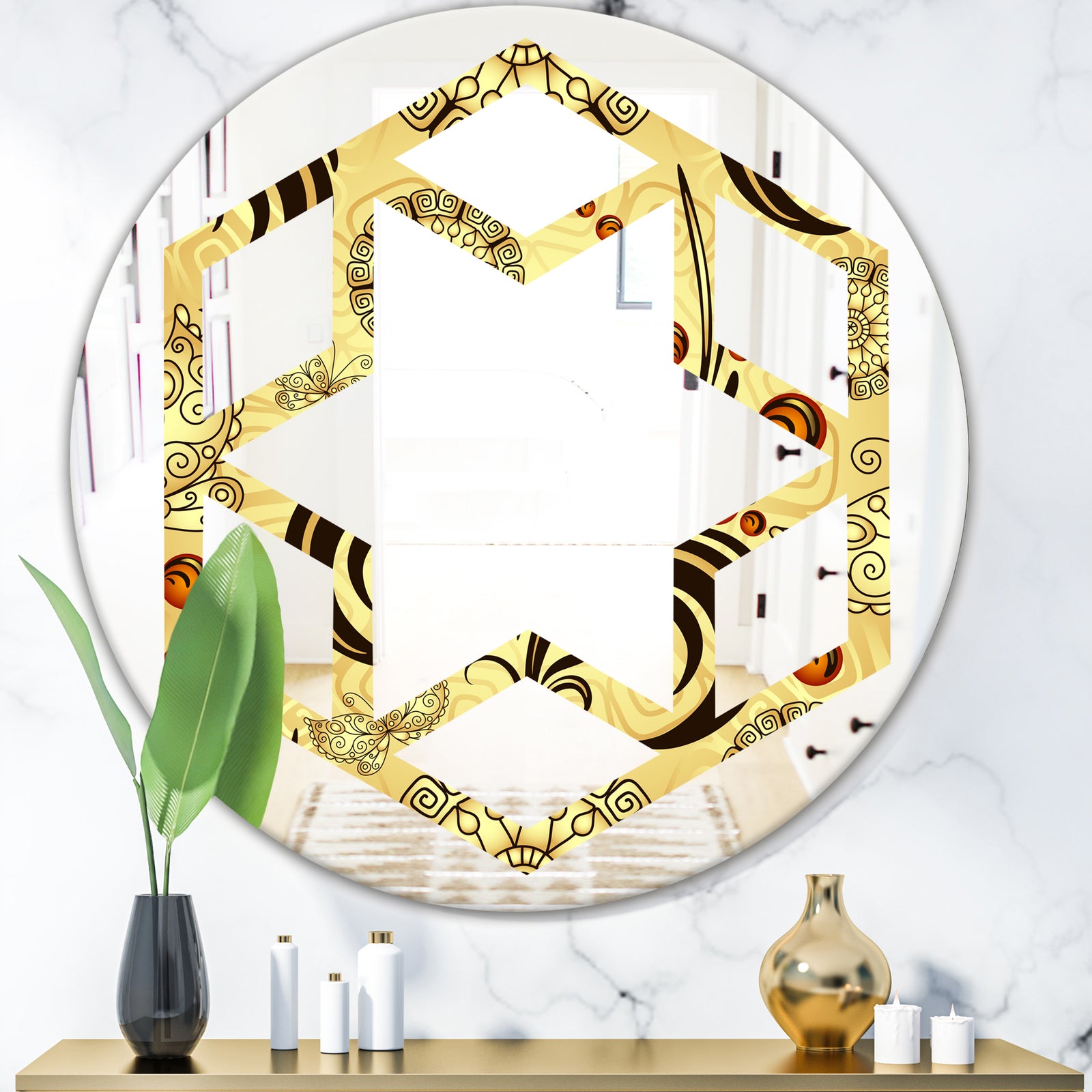 Golden Luxury Pattern I - Modern Round or Oval Wall Mirror - Hexagon Star