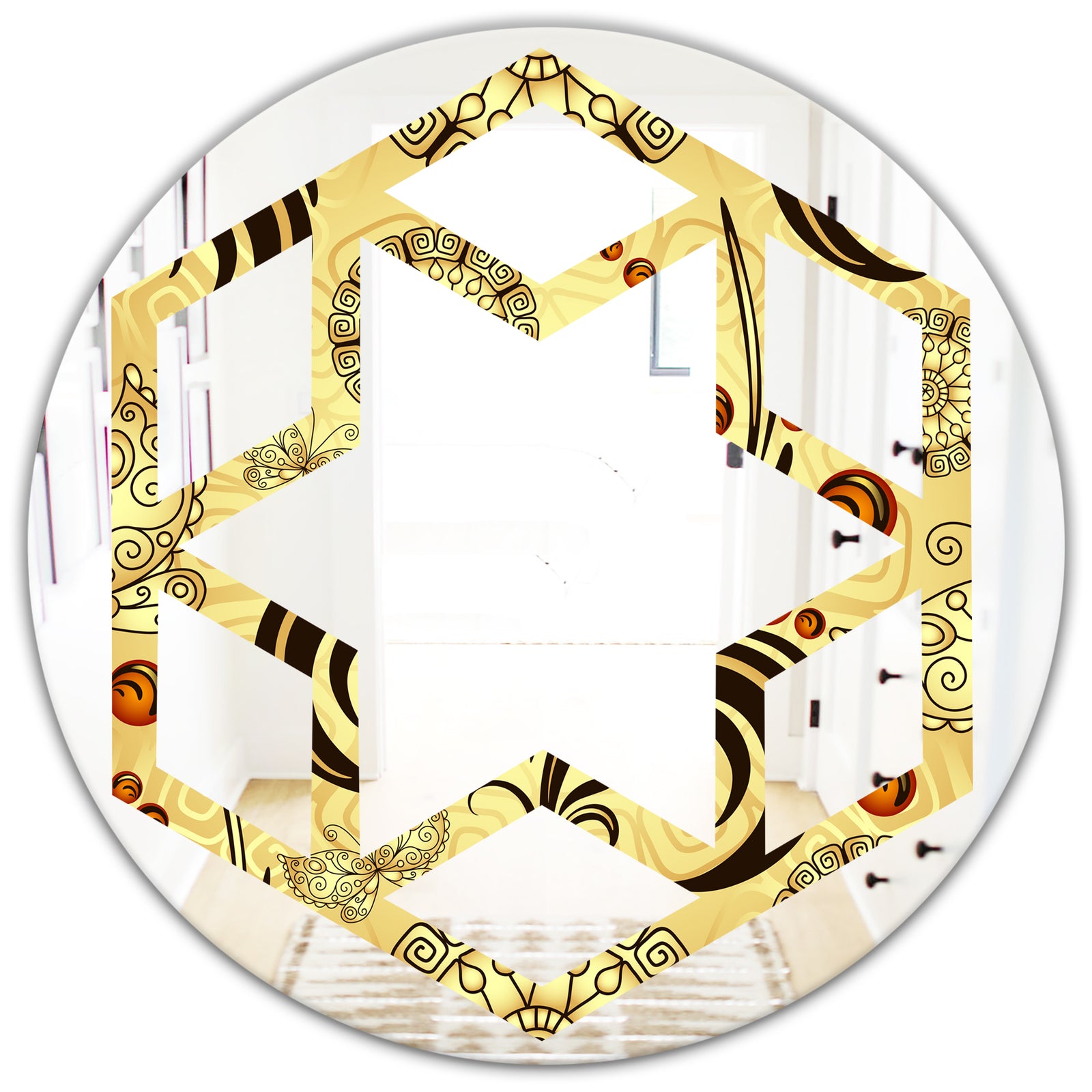 Golden Luxury Pattern I - Modern Round or Oval Wall Mirror - Hexagon Star