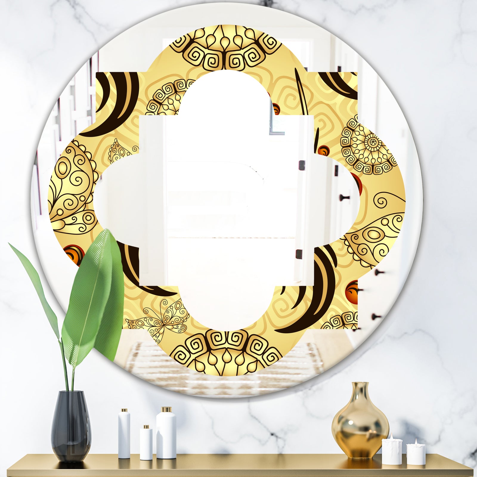 Golden Luxury Pattern I - Modern Round or Oval Wall Mirror - Quatrefoil