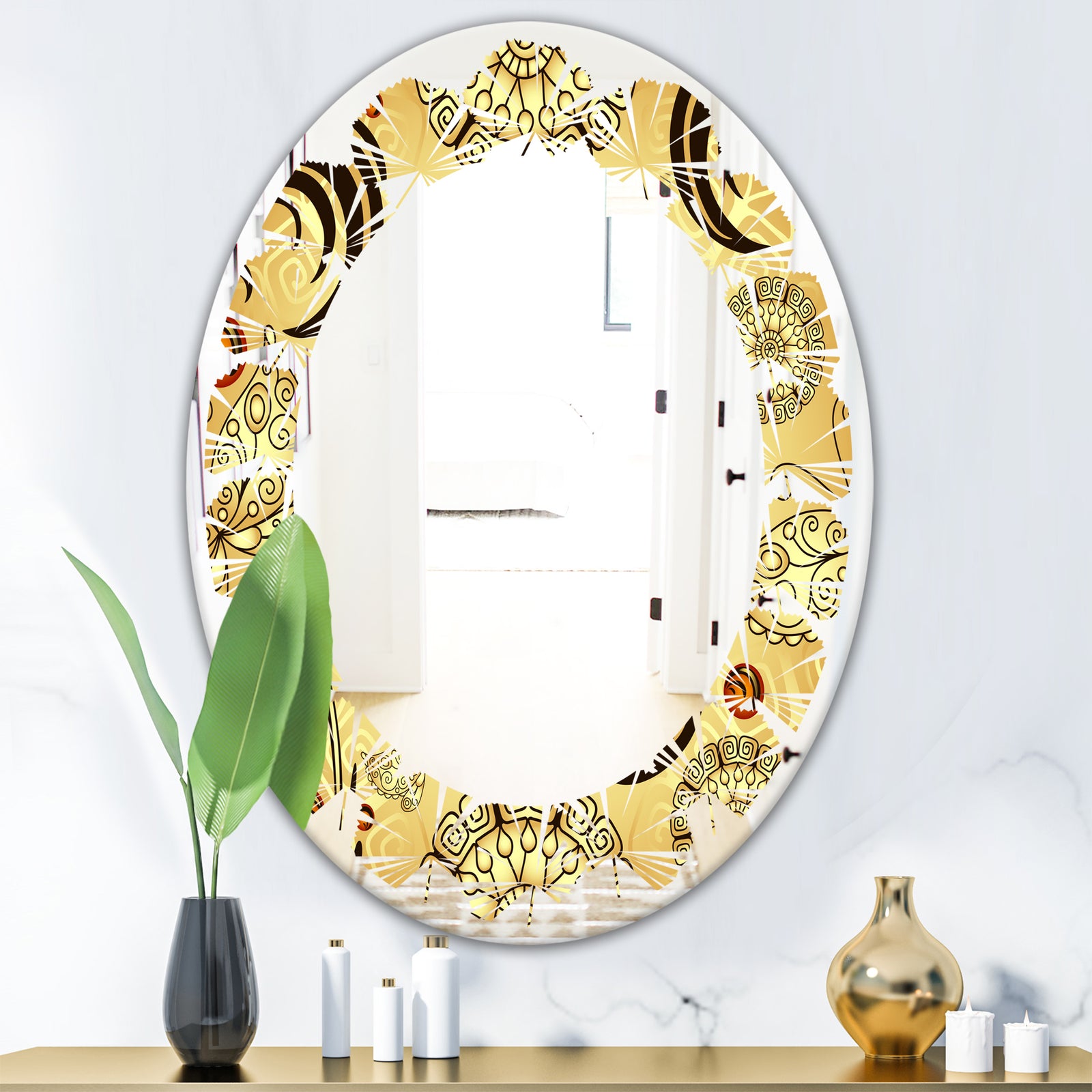 Golden Luxury Pattern I - Modern Round or Oval Wall Mirror - Leaves