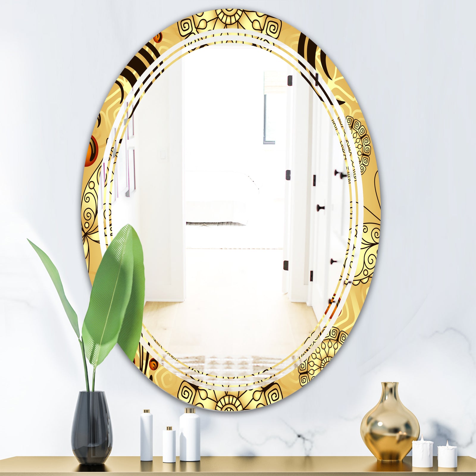 Golden Luxury Pattern I - Modern Round or Oval Wall Mirror - Triple C