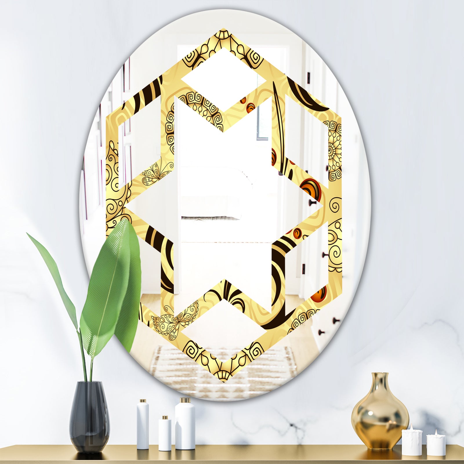 Golden Luxury Pattern I - Modern Round or Oval Wall Mirror - Hexagon Star
